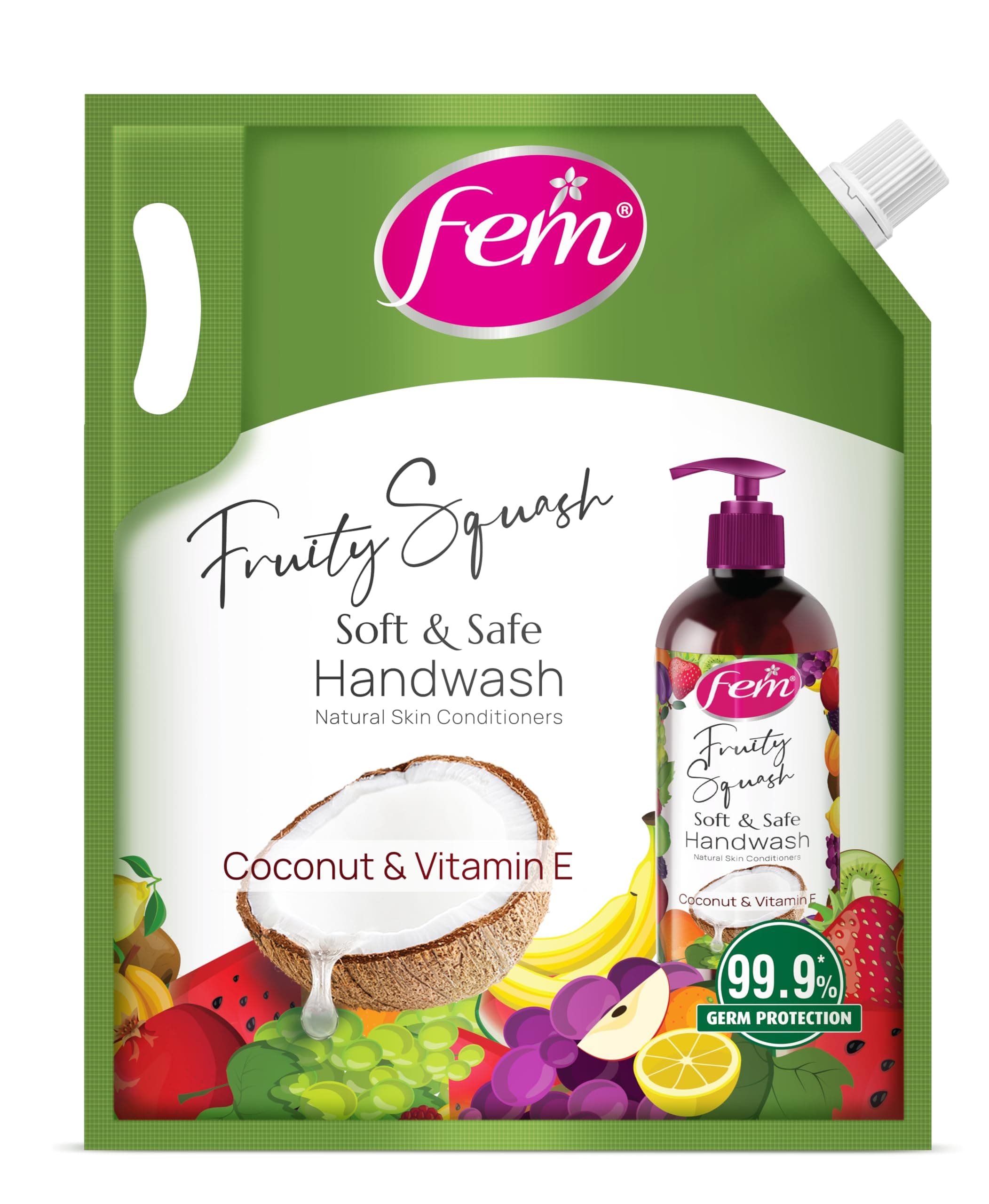 - DABUR Fem Fruity Squash Soft & Safe Handwash - 1500Ml | Germ Protection | Enriched With Goodness Of Coconut Milk & Vitamin E | Long Lasting Fragrance