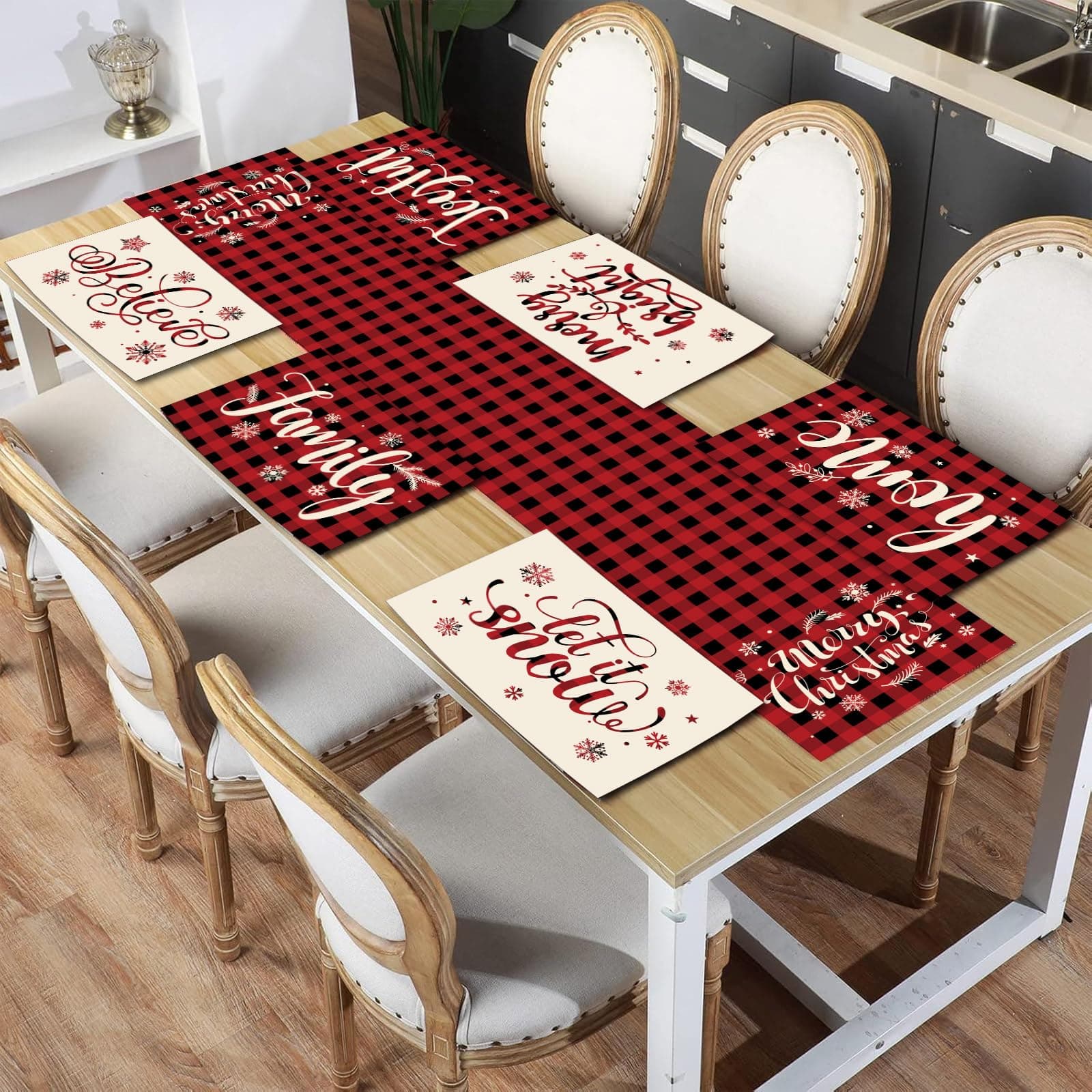 7 Pieces Christmas Table Runner and Placemats Set 13 × 72 Inch Table Runner with 12 × 18 Inch Placemats Christmas Buffalo Plaid Dining Mat for Holiday Xmas Kitchen Decor(Plaid Style)