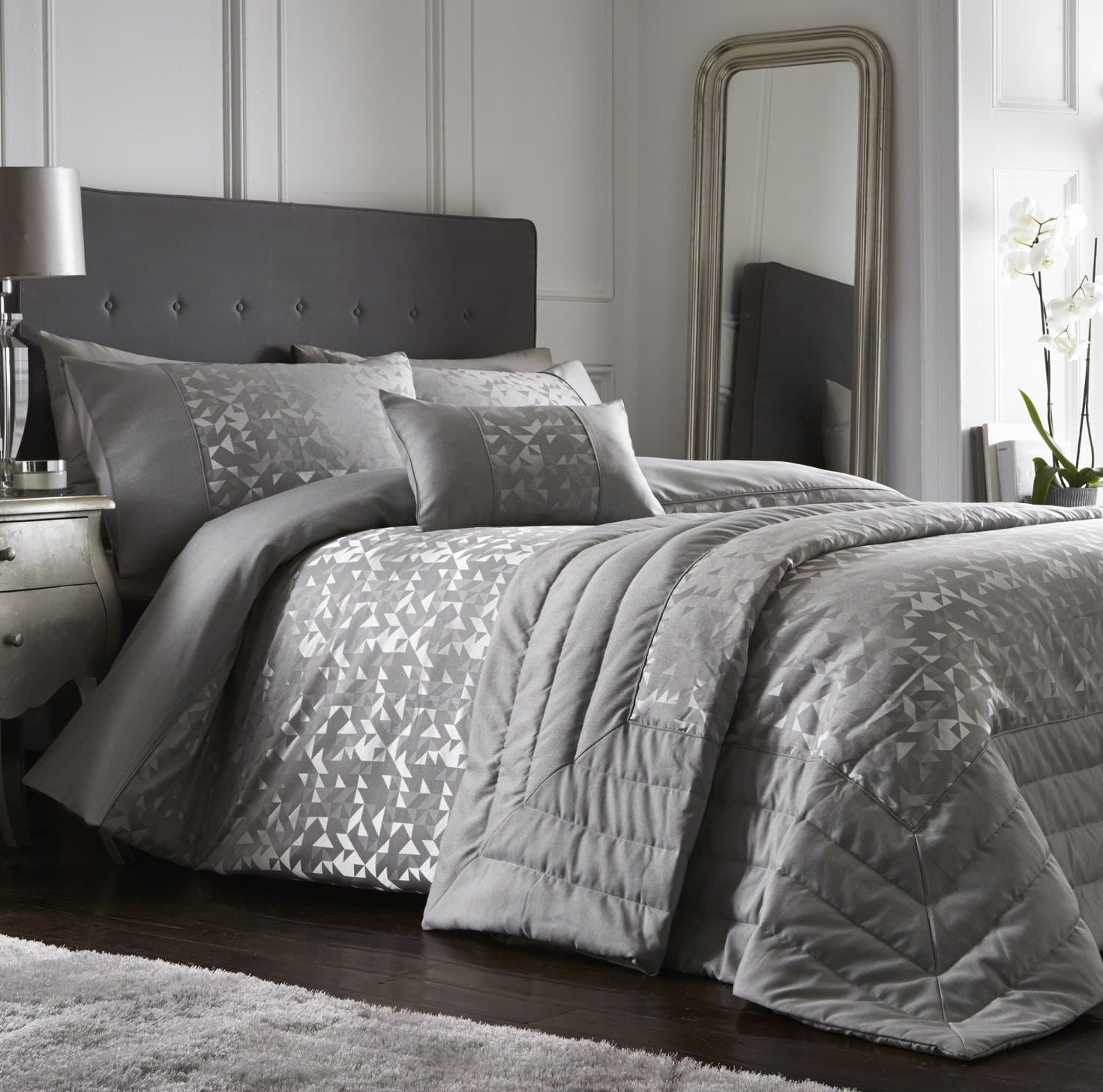 Lucien Jacquard Duvet Cover and Pillowcase Bed Set, Polycotton, Silver, Double