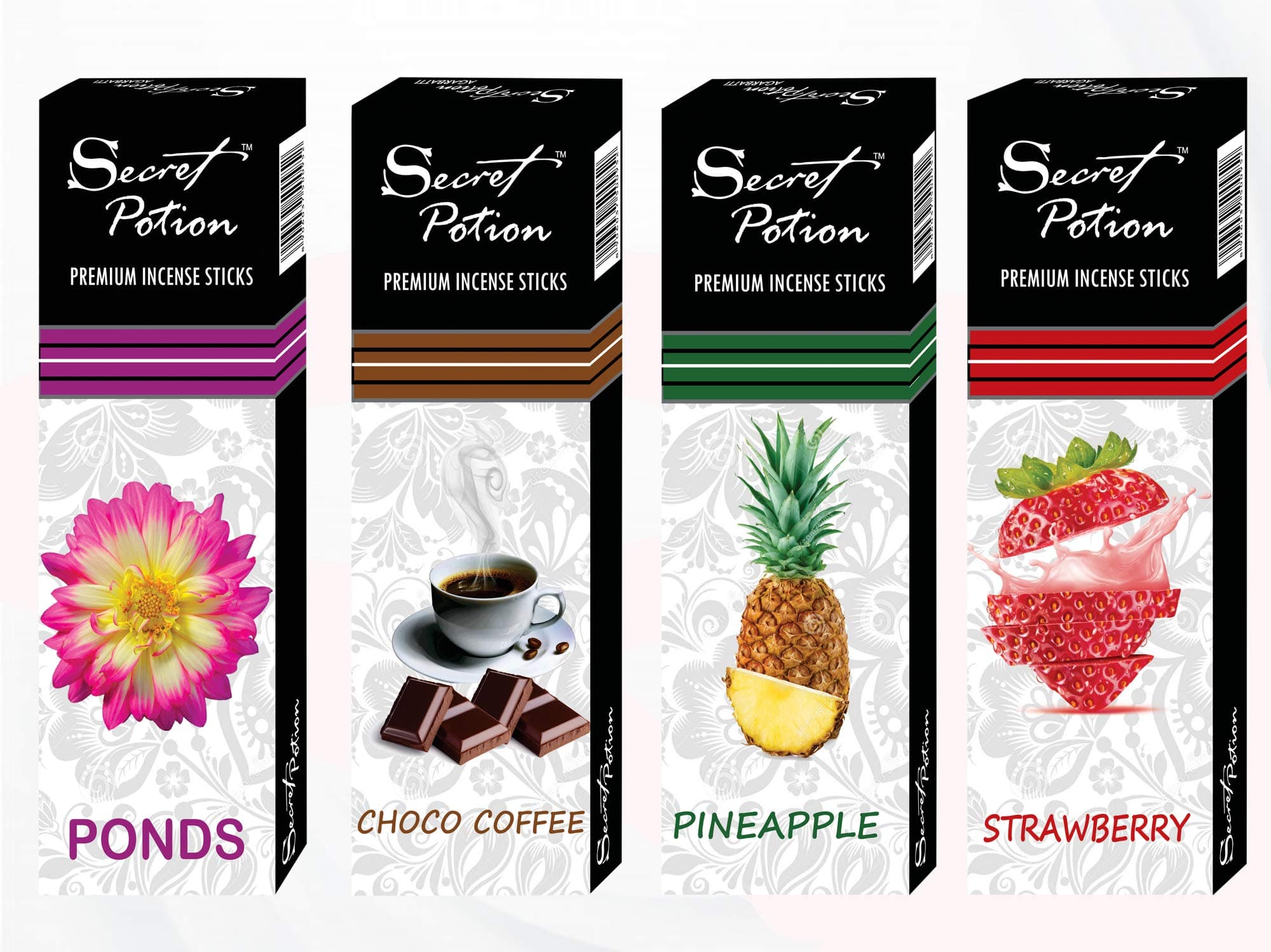 Secret Potion Agarbatti (Incense Sticks) Combo of 4 Packs X 100 Grams Series of Fragrance of Chocolate Coffee, Strawberry, Pineapple and Ponds Flower- Limited Edition