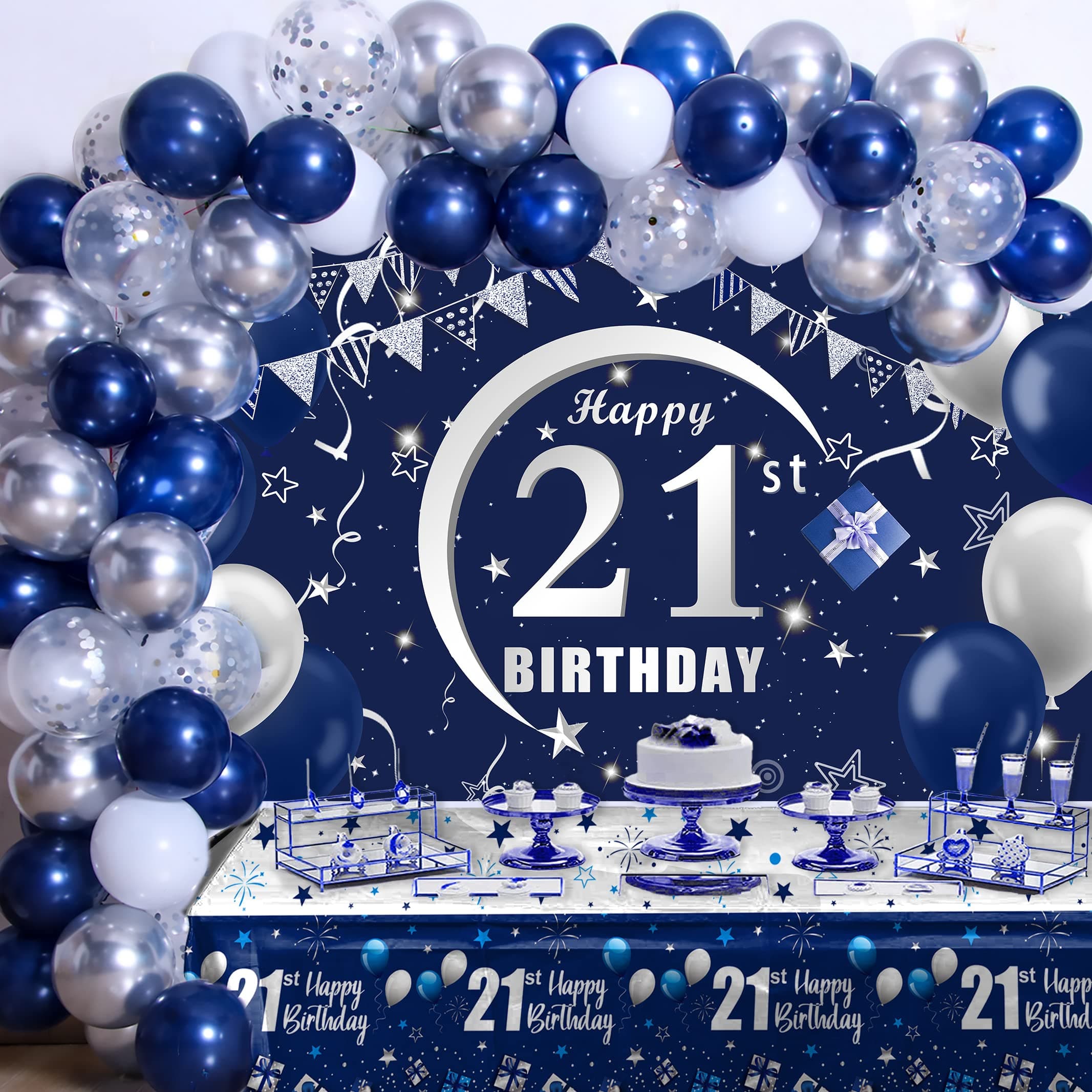 21st Birthday Decorations for Him/Her,Blue Birthday Decorations For Boys Men Party Supplies Including HAPPY BIRTHDAY Backdrop Tablecloth for Birthday Party Decor,21st Bday Decorations for Women Girls