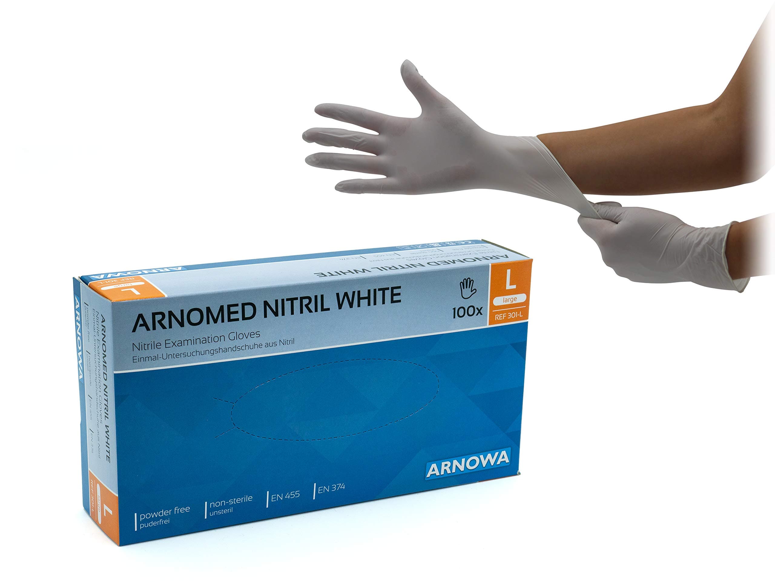 Arnomed Disposable Nitrile Gloves, Powder-Free, Latex-Free, White, Size L, Pack of 100