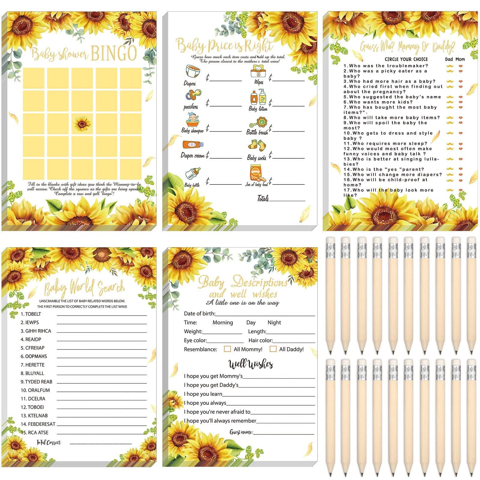 Yinder 145 Pieces Baby Shower Games for Boy or Girl Game Activities Cards with 20 Pencils Includes Baby Bingo Description and Wishes Guess Who Baby Price is Right, Word Scramble Game(Sunflower)