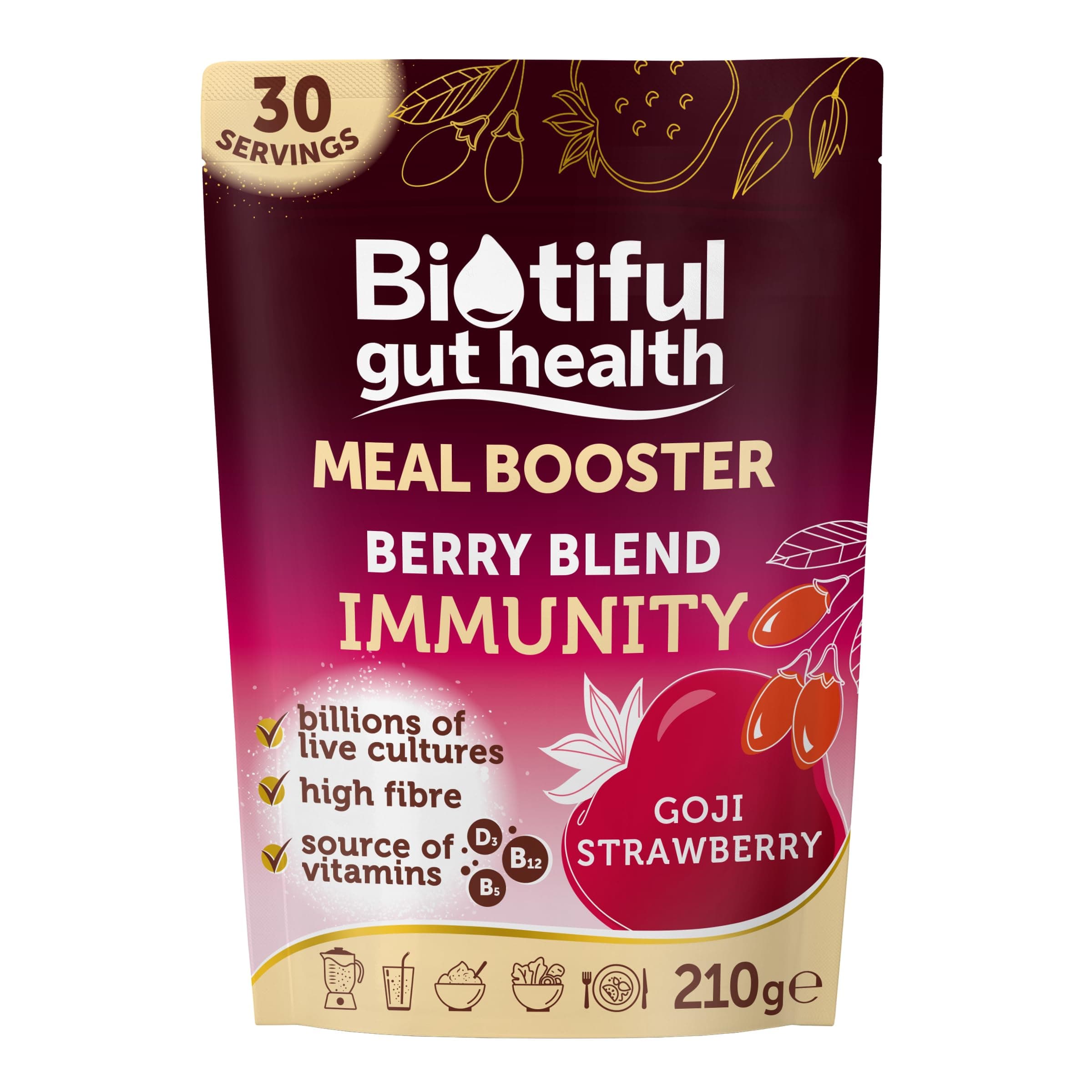 Biotiful Gut Health, Meal Booster, Berry Blend Immunity, Probiotics, Prebiotic Fibre, Source of Vitamins D3 B5 B12, Powder, 30 Servings