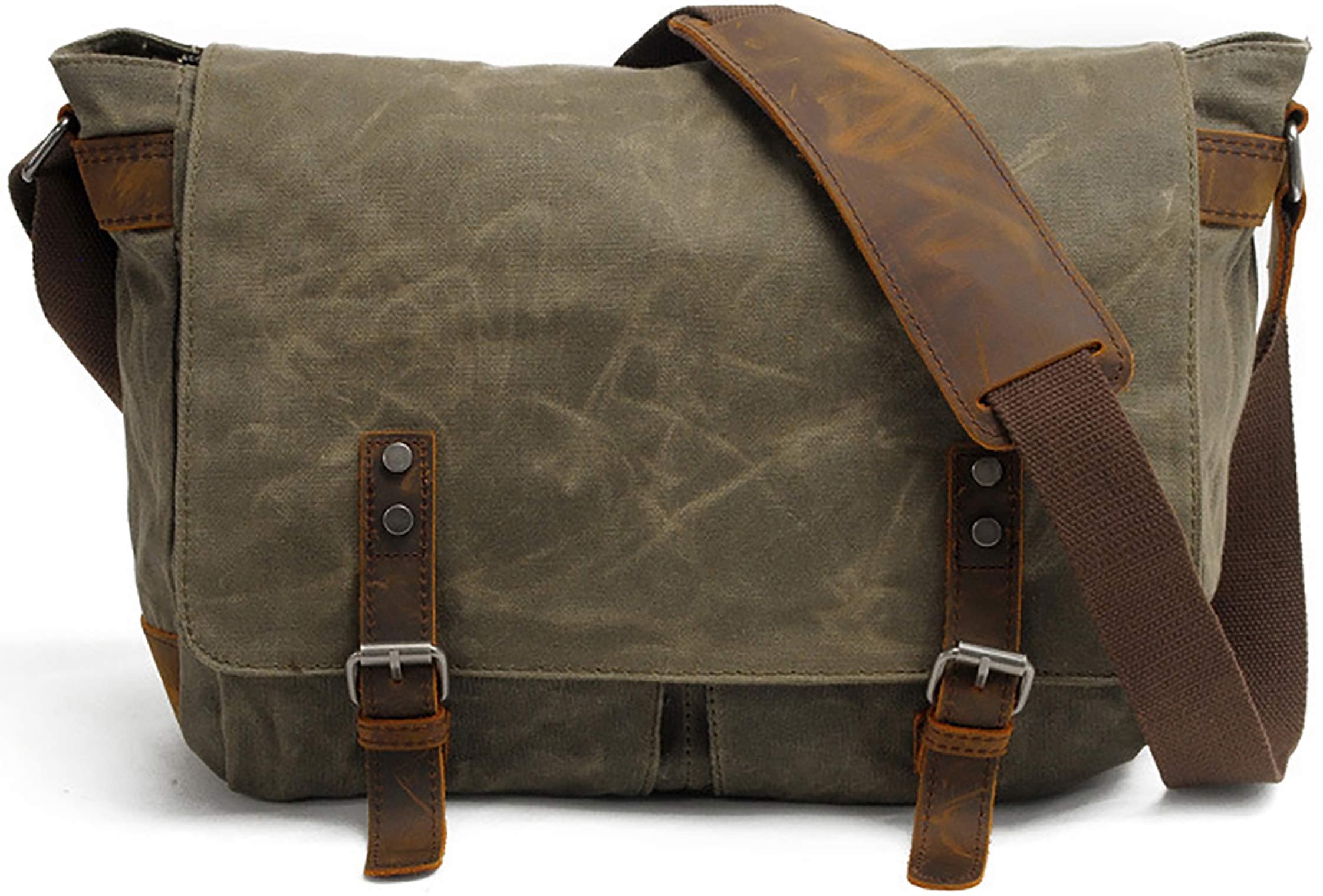Mens Messenger Bag, Vintage Genuine Leather Waxed Canvas Shoulder Bag for 14" Laptop,Rugged Briefcase Satchel