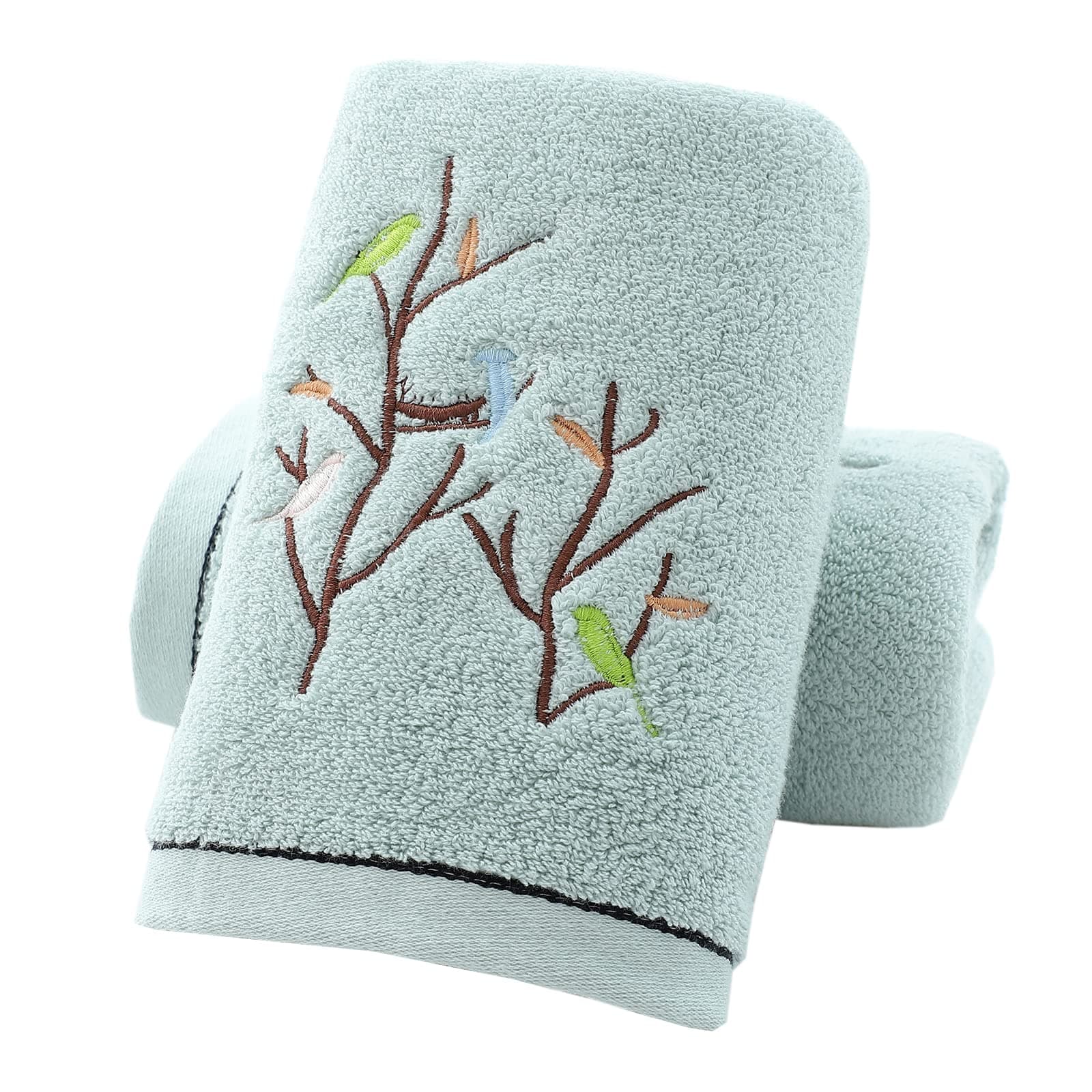 Pidada Hand Towels Set of 2 Embroidered Bird Tree Pattern 100% Cotton Absorbe...
