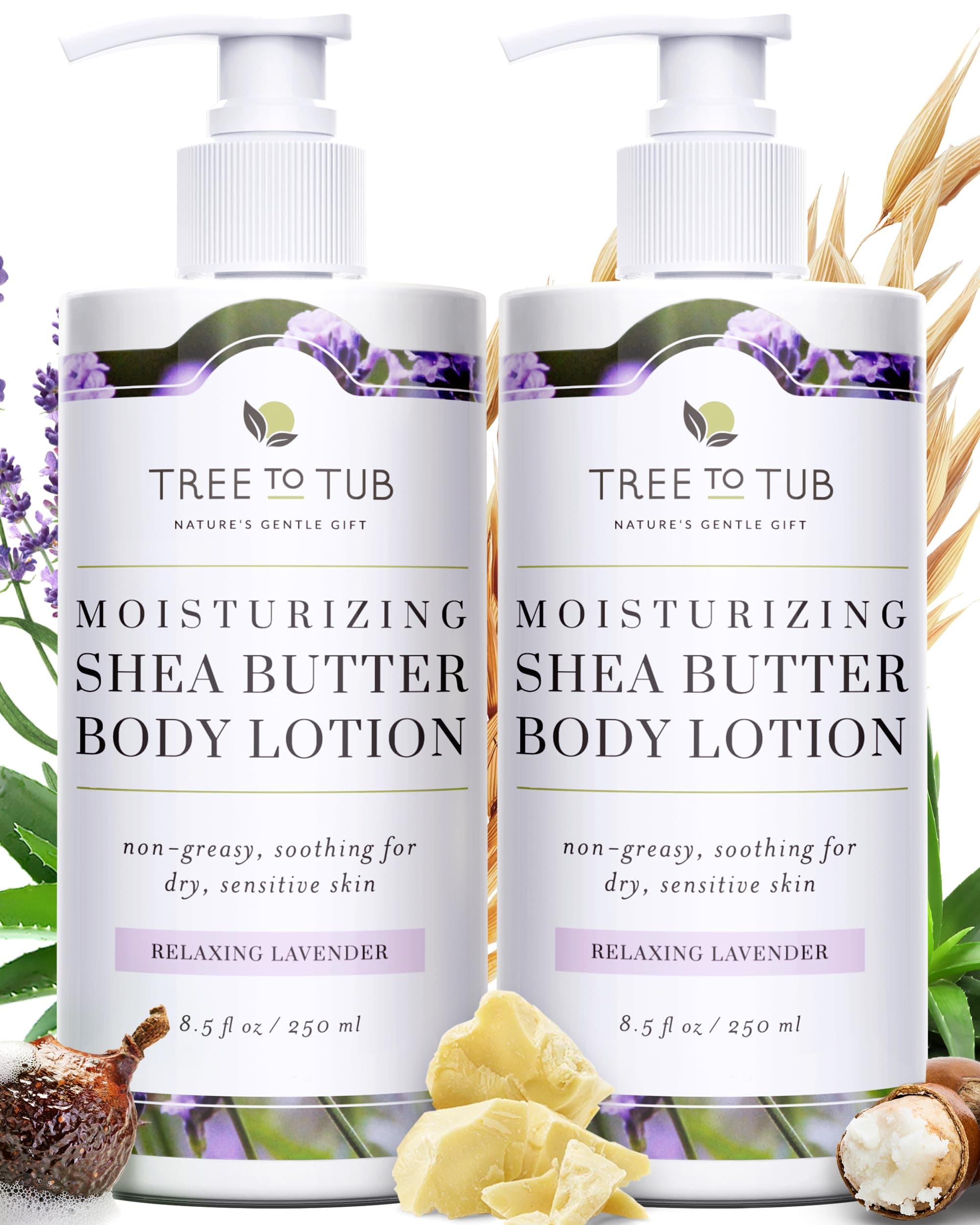 Tree to Tub Lavender Shea Butter Body Lotion for Dry Skin - Moisturizing Sensitive Skin Lotion for Women & Men, Vegan Body Moisturizer w/Organic Aloe Vera, Cocoa Butter, All Natural Colloidal Oatmeal