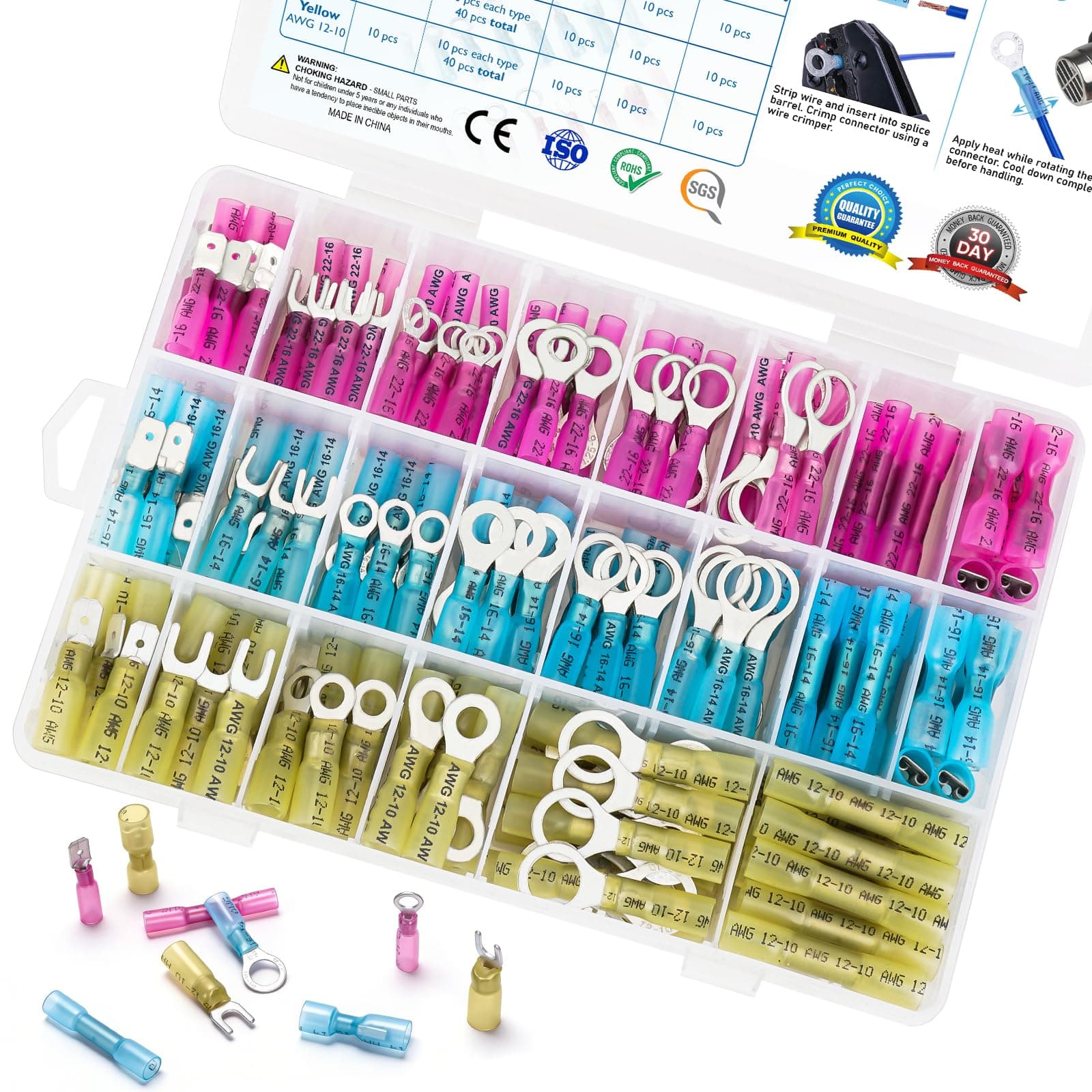 250Pcs Heat Shrink Wire Connectors, Waterproof Automotive Marine Electrical Terminals Kit, Crimp Connector Assortment, Ring Fork Spade Butt Splices