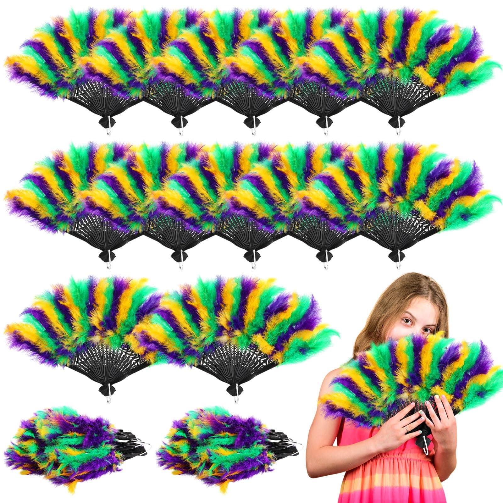 Suzile 12 Pcs 12 x 20 Inch Mardi Gras Feather Fan Colorful Feathers Feathers Bulk 1920s Vintage Marabou Handheld Fan Flapper Fan Mardi Gras Outfit Accessory for Party Decoration Carnival Costume