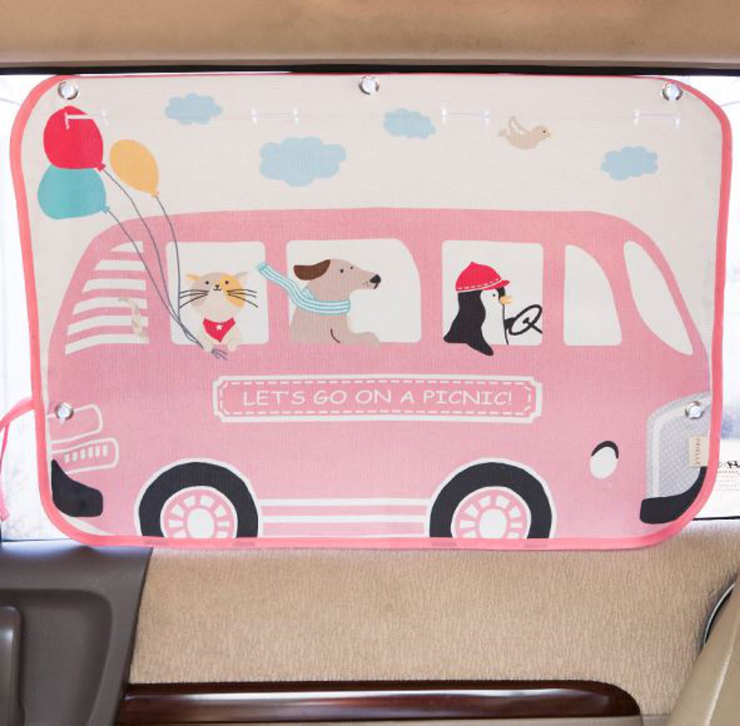 Tokkids Sunshade for car baby - Large Car Sunshade Protector - Blocks over 98% UV Rays Car Sun Visor Protector - Easy to Install (Pink bus)