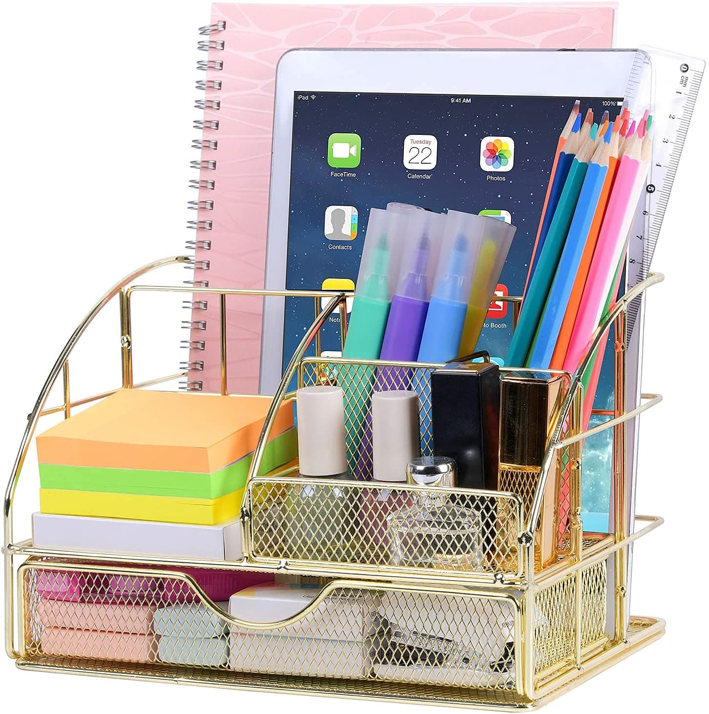 POPRUN Desk Organizers and Accessories for Women with Drawer, Cute Desk Supplies and Stationary Oganizer for Home and Office Desk Decor, Metal Mesh Desk Organization and Storage (Gold)