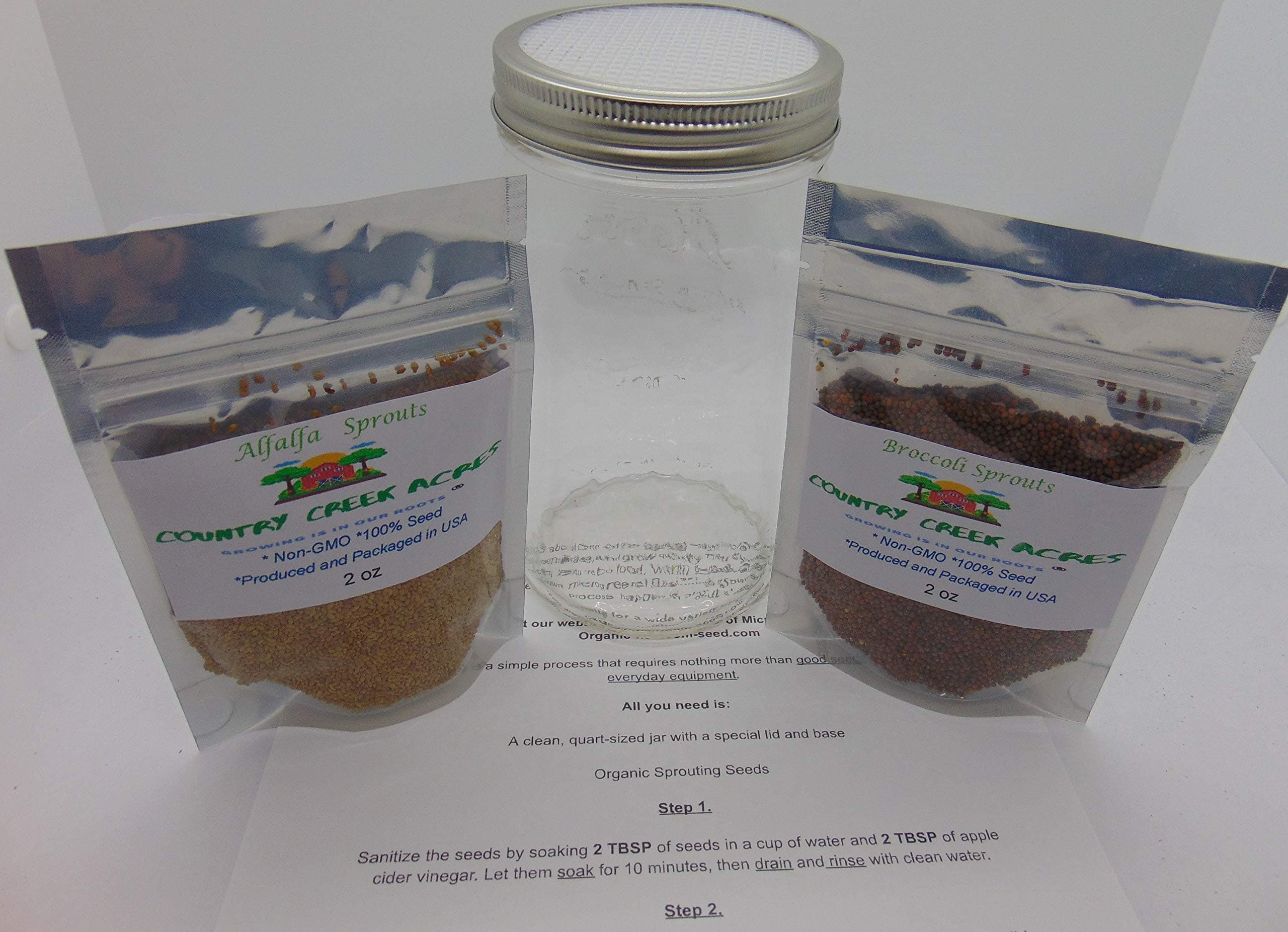 Sprouting Kit with 2 Sprout Screens, Alfalfa Seeds, Broccoli Seeds, Information Sheet All About Sprouts, Directions