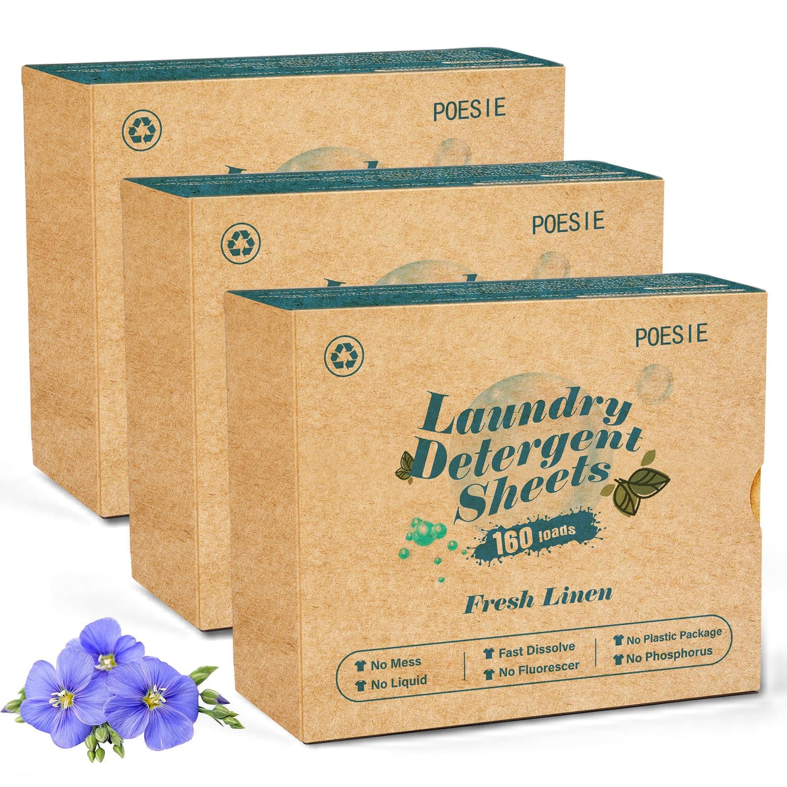 Poesie Laundry Detergent Sheets Fresh Linen Scent 3 Pack 480 Strips Plastic Free Fast Dissolve Washing for All Washing Machine Traveling Dorm Life Save Space
