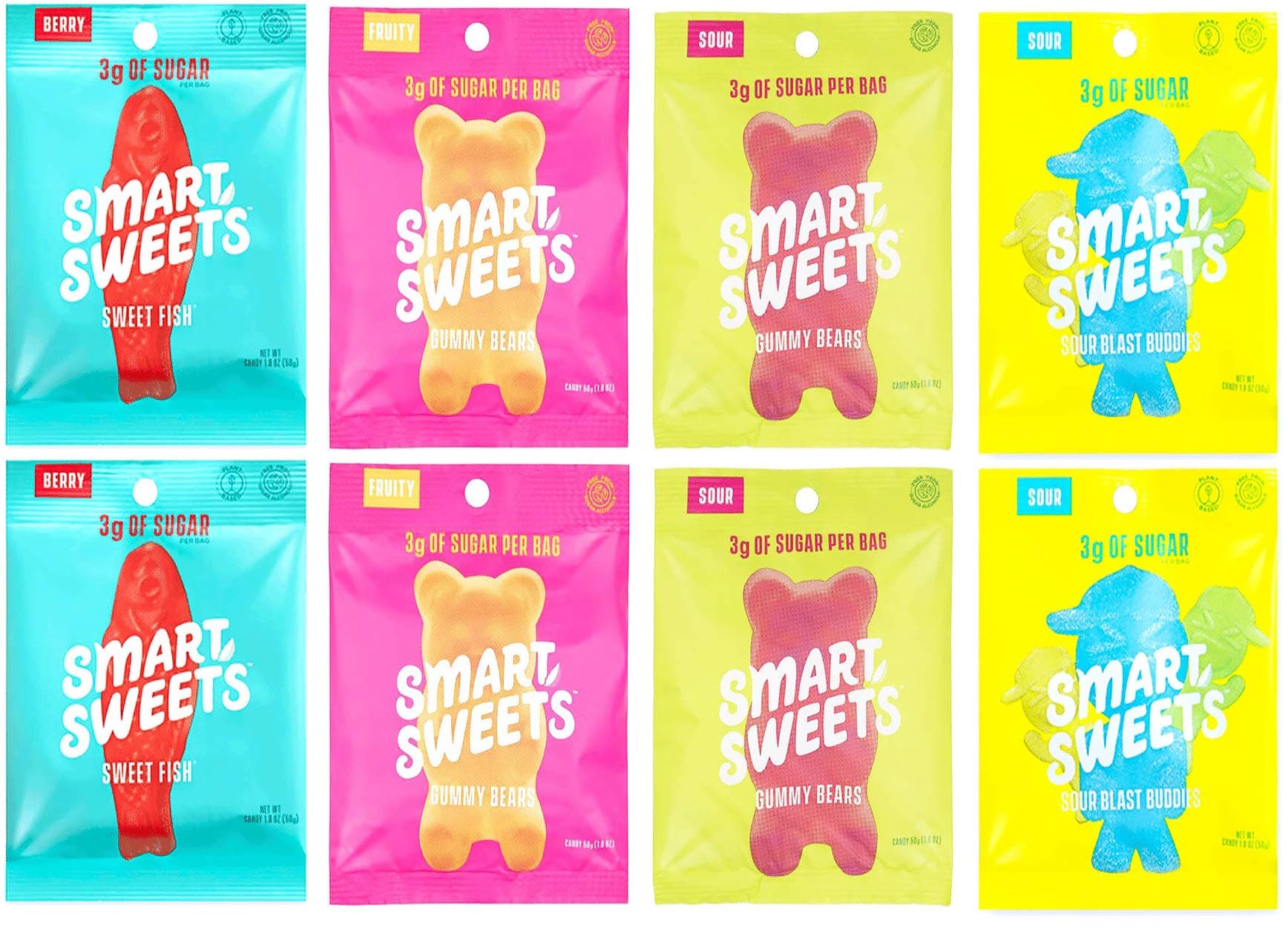 Peaceful Squirrel Variety, SmartSweets, Gummy Candy Variety of 8 (2x Sweet Fish, 2x Sour Blast Buddies, 2x Fruity Gummy Bears, 2x Sour Gummy Bears) Free of Sugar Alcohols and No Artificial Sweeteners