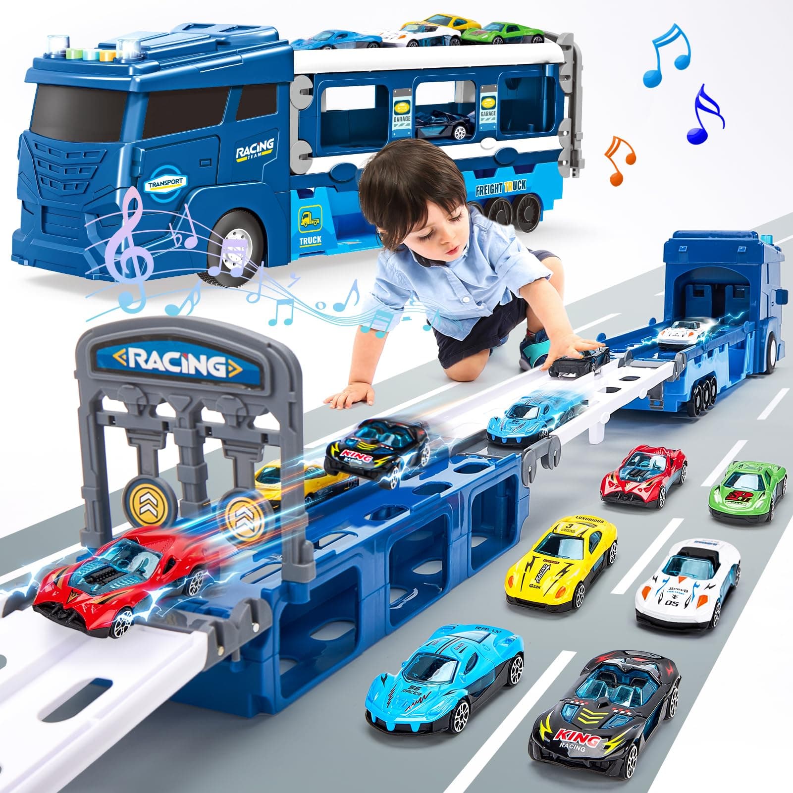 hahaland Toys for 3 Year Old Boy Gift - 2 in 1 Car Carrier Transforms into Race Tracks Toys with Dual Launcher Truck for Kids Ages 3-5 - Car Sets for Boys 3 Year Old Boy Gifts