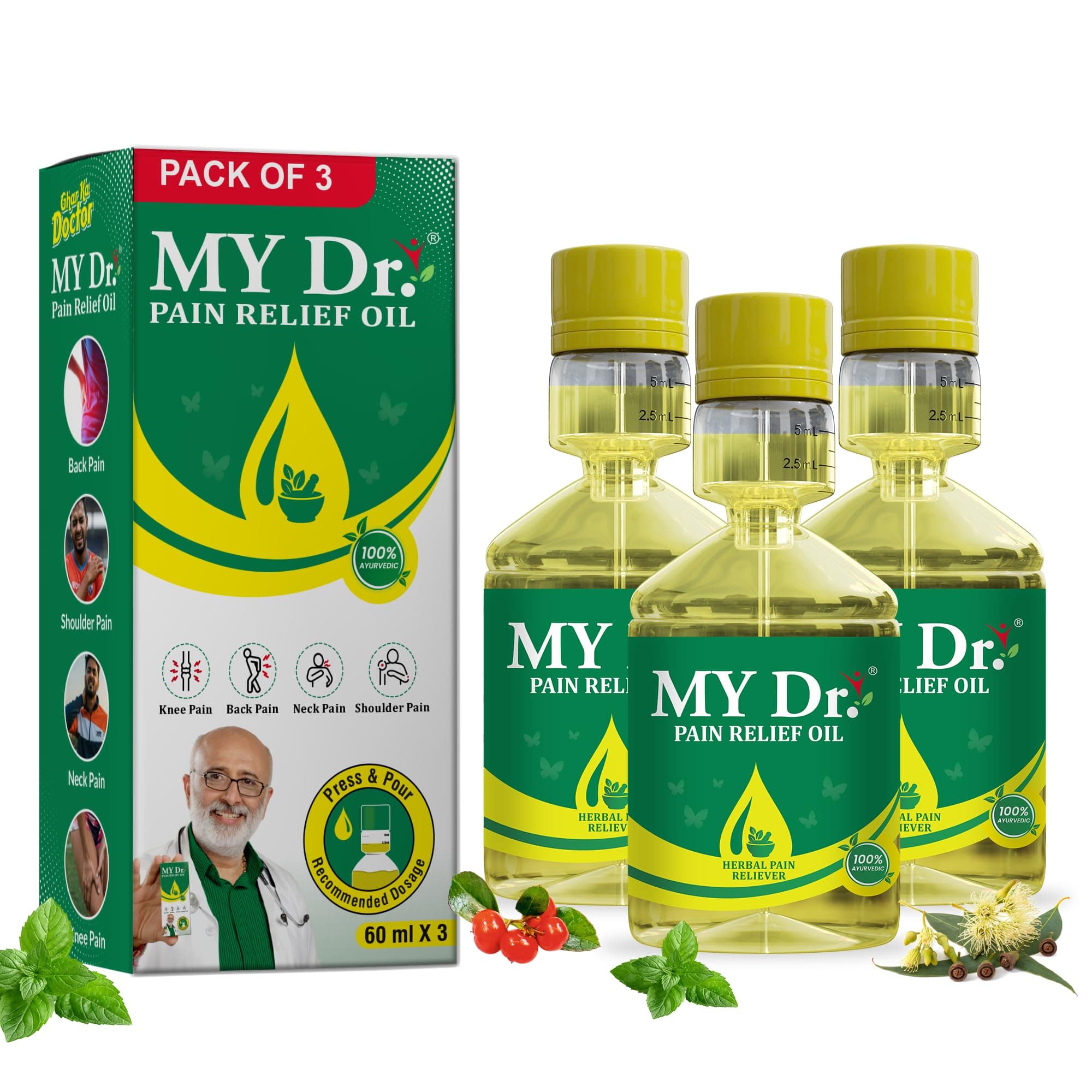 My Dr.® Pain Relief Oil – Ayurvedic Oil for Joint, Knee, Back, Neck, Shoulder, Ankle, Elbow, hip & Muscle Pain | Fast & Long-Lasting Relief from Arthritis, Sciatica, Stiffness & Chronic Pain | Non-Sticky & No Massage Required | Enriched with 9 Herbs | Easy-to-Use Press & Pour Pack | 70ml Pack of 3