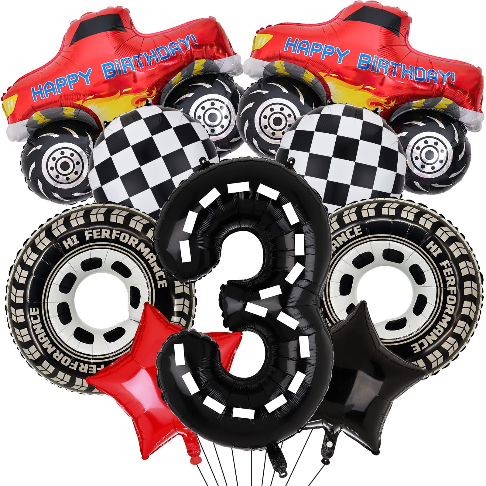 Truck Party Decorations - 9pcs Birthday Number Foil Balloon for 3rd Birthday Race Car Theme Party Supplies