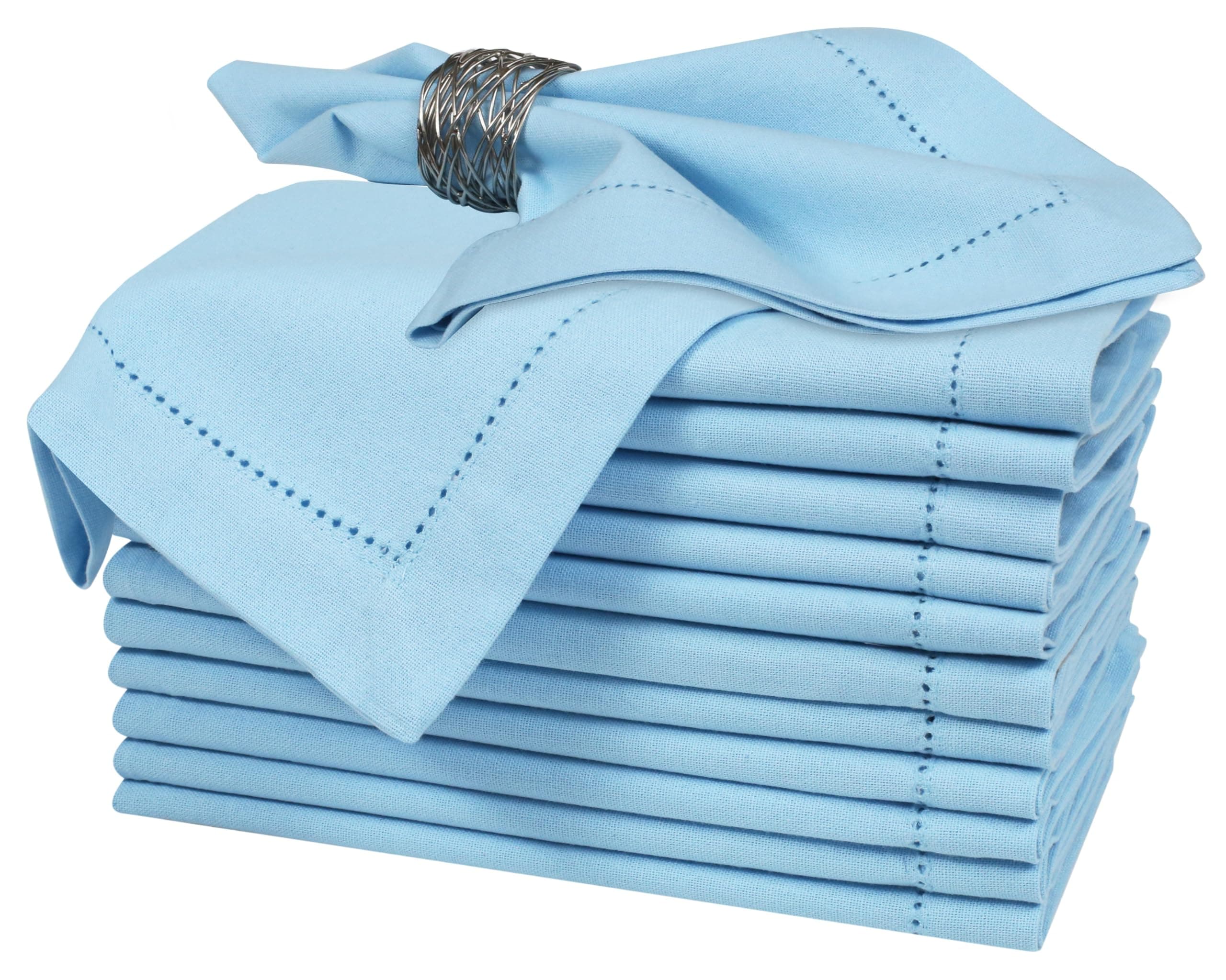 Bedding Craft Cloth Dinner Napkins Set of 12 – 18x18 Airy Blue Linen-Look Hemstitched – Soft Machine Washable Reusable Napkins for Weddings, Parties & Elegant Table Settings