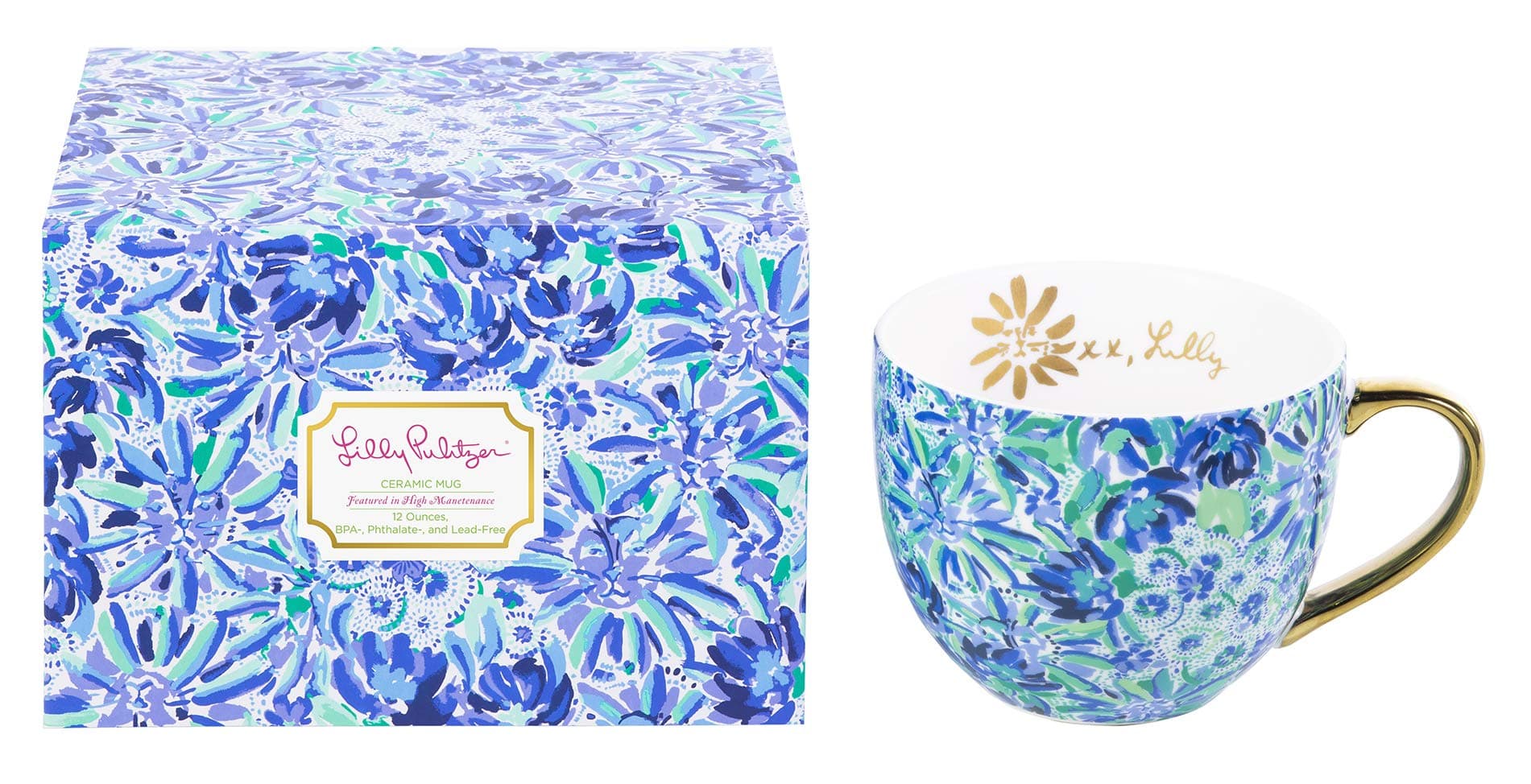 Lilly Pulitzer12 Ounce Ceramic Coffee/Tea Mug with Gold Handle and Gift Box, High Manetenance