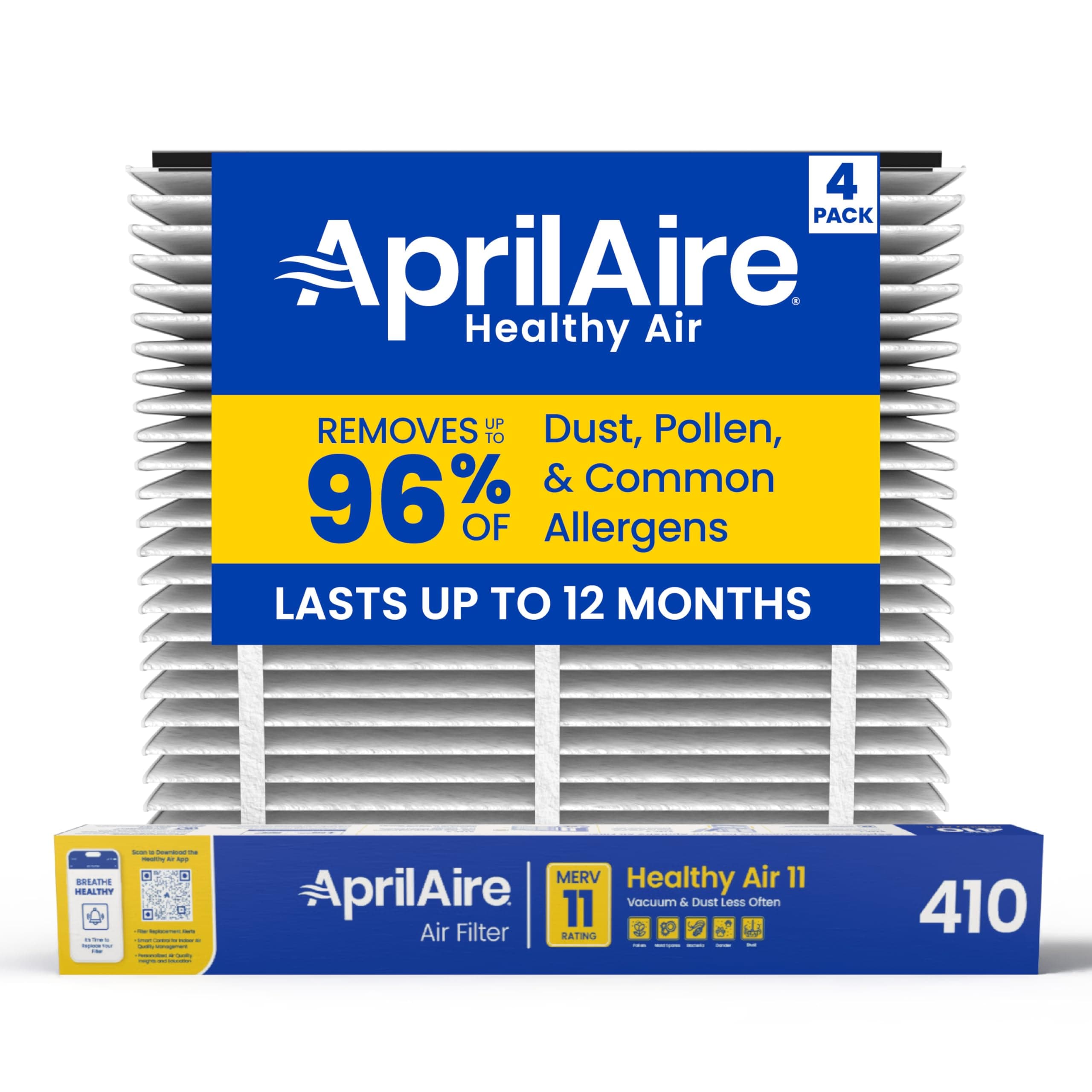Aprilaire 410 Replacement Furnace Air Filter for Aprilaire Whole Home Air Purifiers, MERV 11, Clean Air Dust Furnace Filter (Pack of 4)