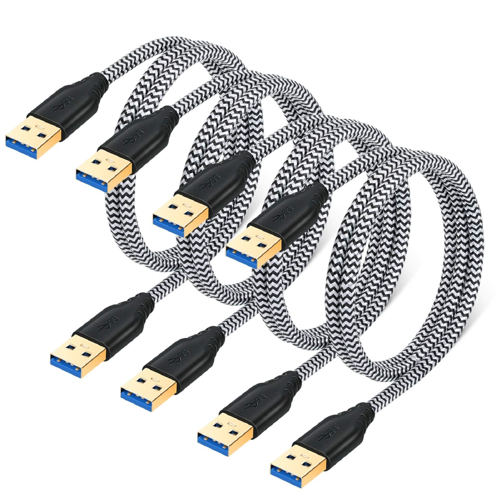 USB 3.0 Cable Male to Male, 4-Pack 3FT Braided USB to USB 3.0 A to A Cable Male to Male USB Cable Compatible for DVD Players, Hard Drive Enclosures, Laptop Cooler - White