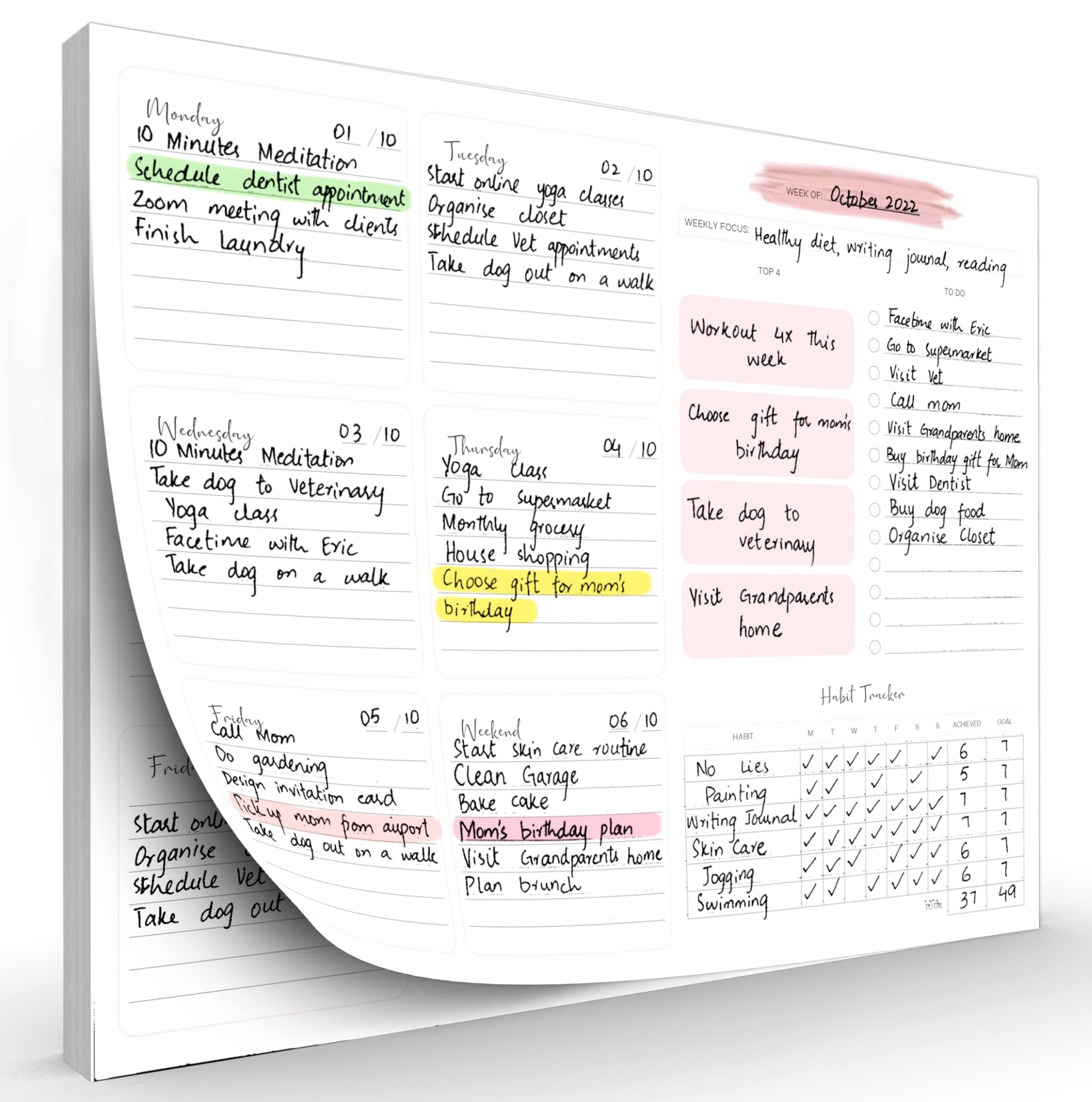 Weekly Planner Pad - 52 Undated Sheets for Productivity | 10" x 8" | Tear-Off 100 GSM Paper | To-Do List with PP Protection | Perfect for Students, Office, and Home | Built-in Habit & Goals