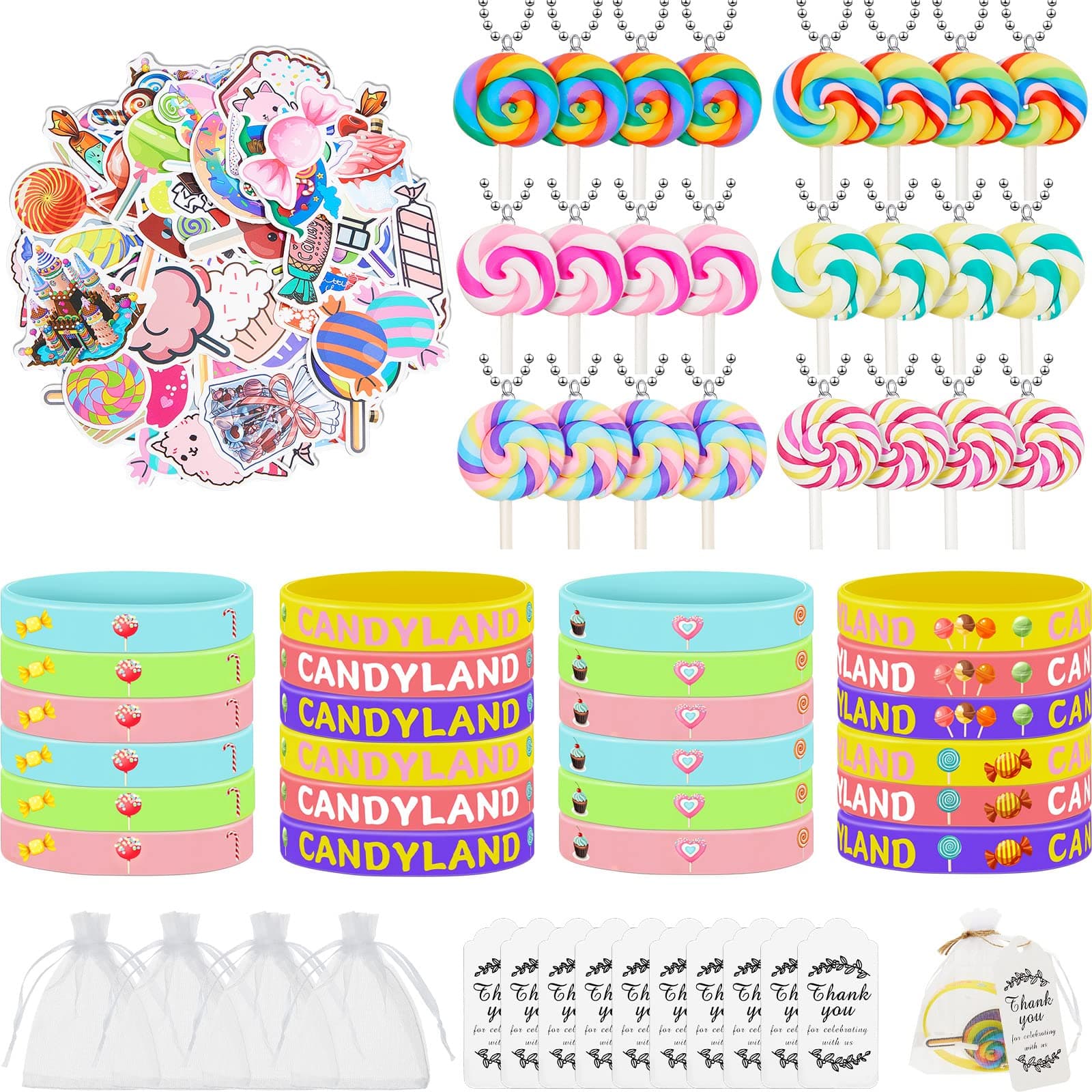 Deekin147 Pcs Candyland Party Favors Set, Include 24 Lollipops Keychains 24 Candyland Silicone wristbands 50 Candy Stickers 24 Thank You Tags and White Organza Bags for Candyland Party Favors