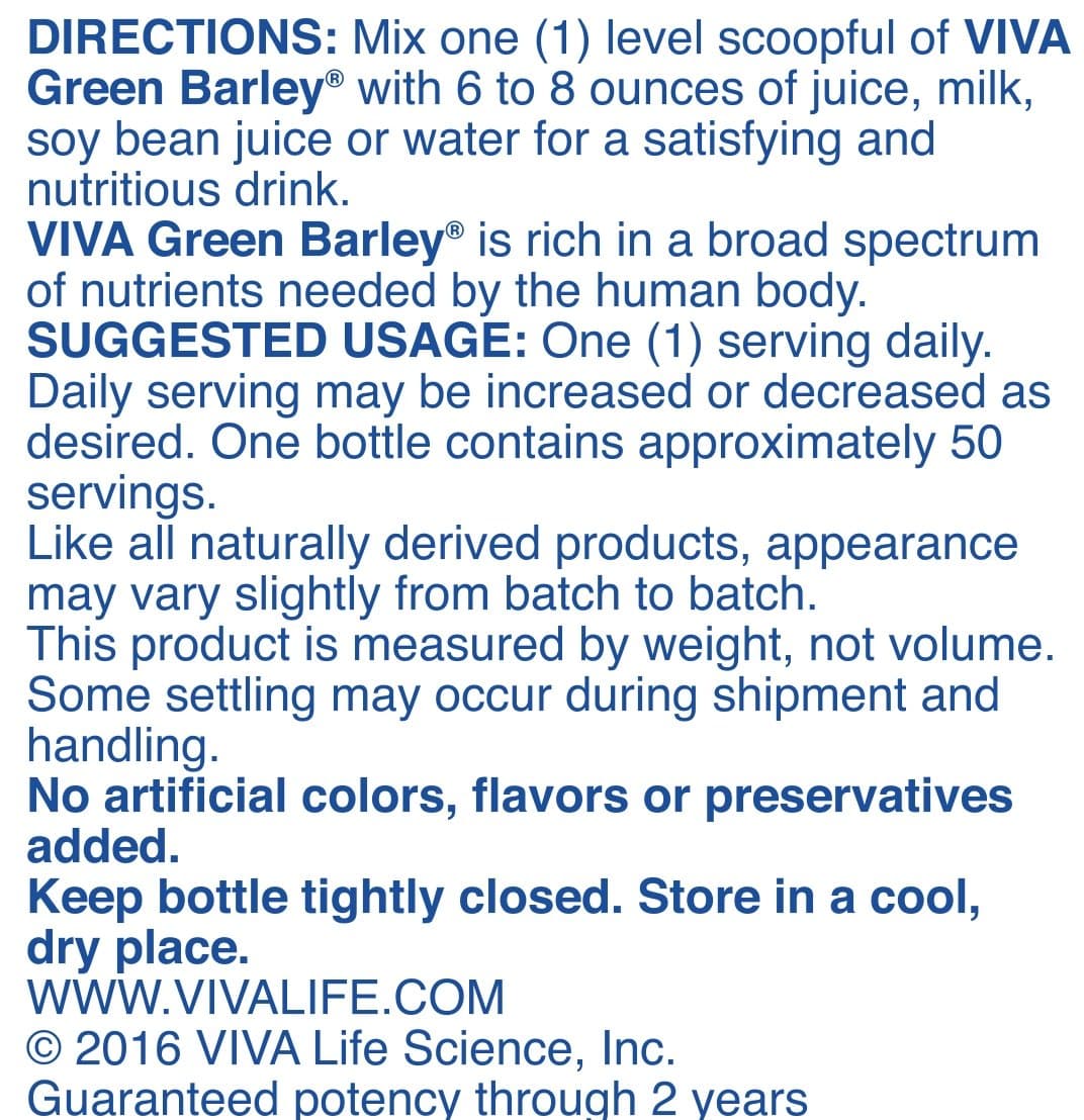 Viva Life Science- Green Barley No Aloe Powder, 7OZ, 6 Bottles