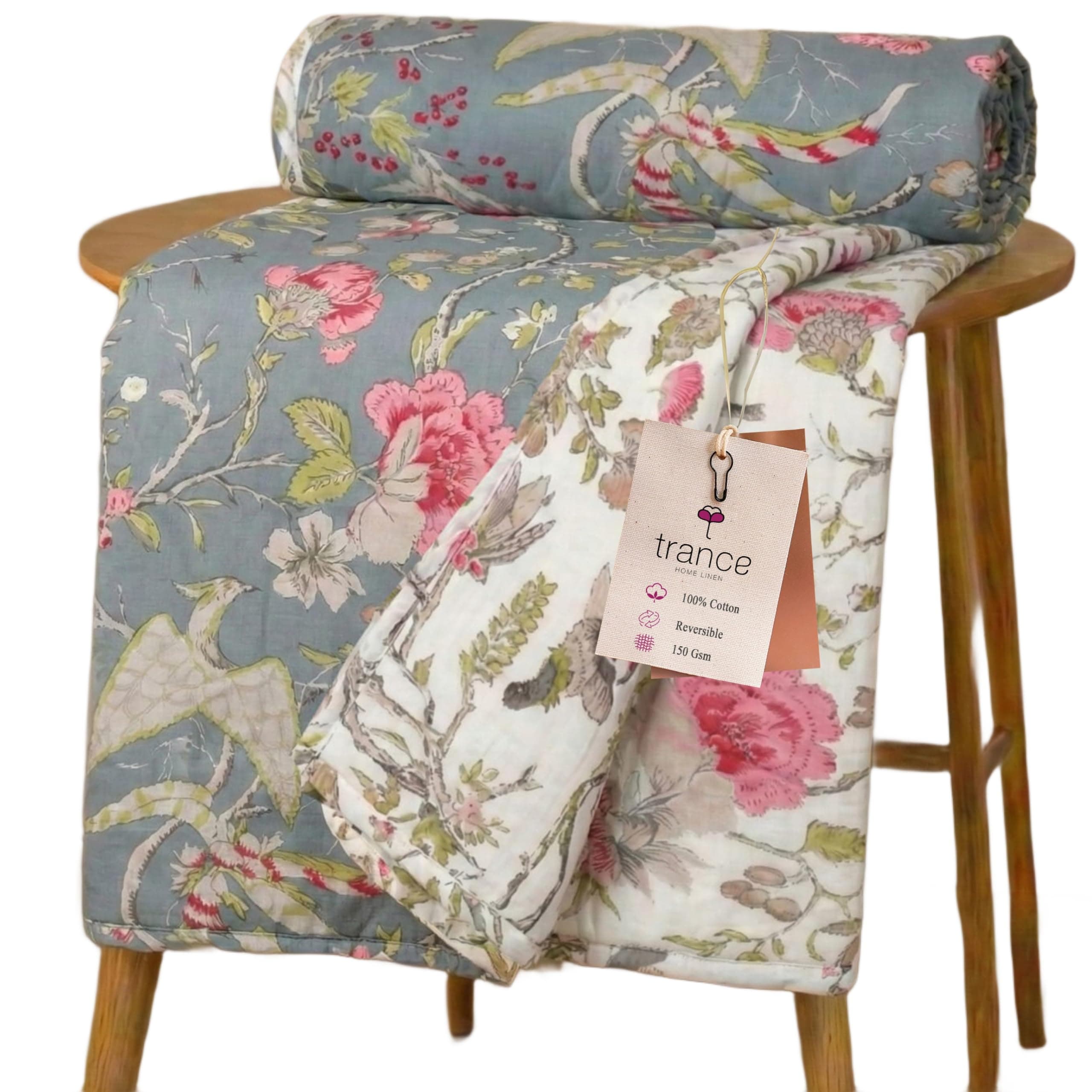 Trance Home Linen Pure Cotton Reversible Dohar Double Bed Size | AC Blanket Comforter | Soft Light-Weight Bed Blanket Skin Friendly (84 x 88 inch, Calicut Green, Pack of 1)