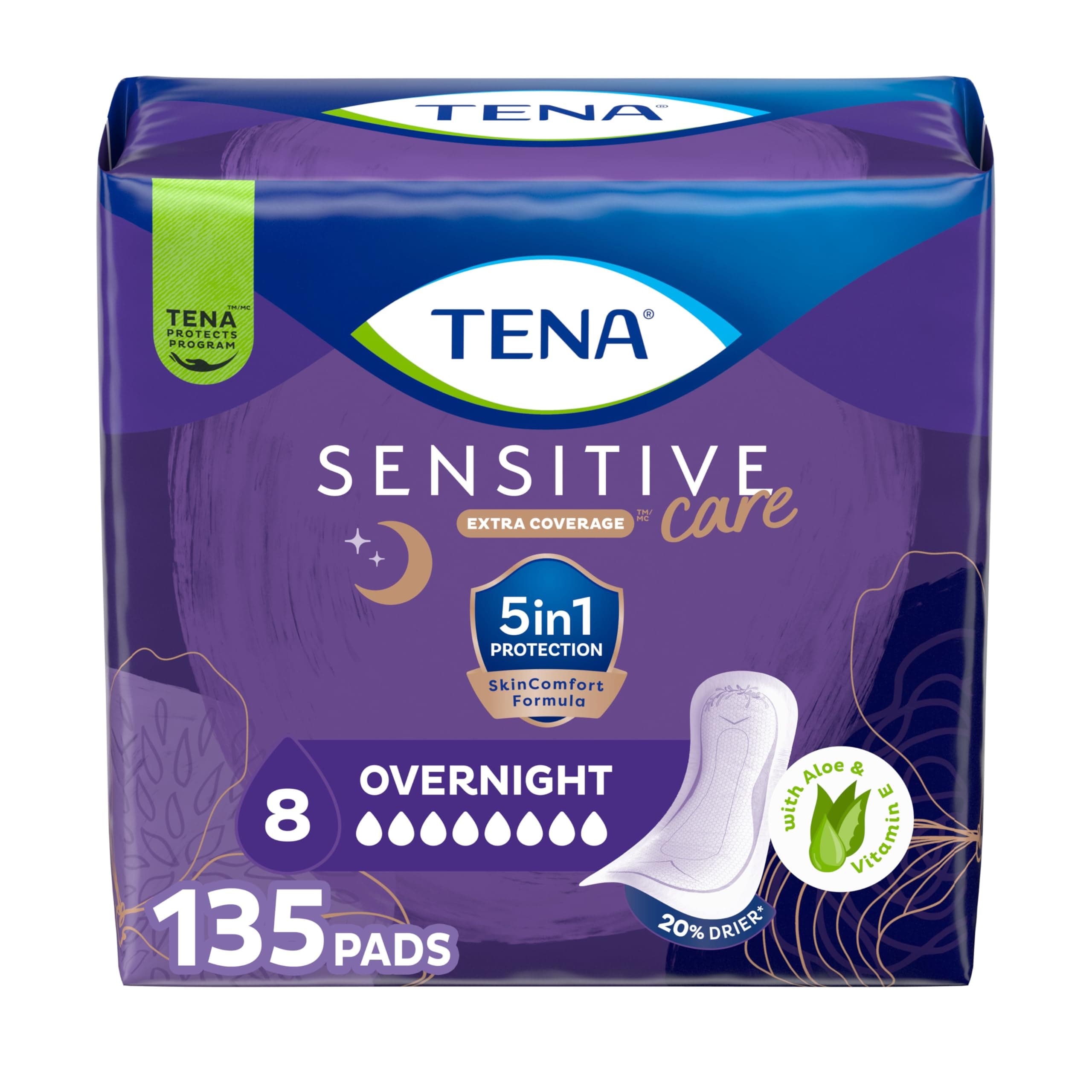 Tena Incontinence Pads, Bladder Control & Postpartum for Women, Overnight Absorbency, Extra Coverage, Intimates - 135 Count