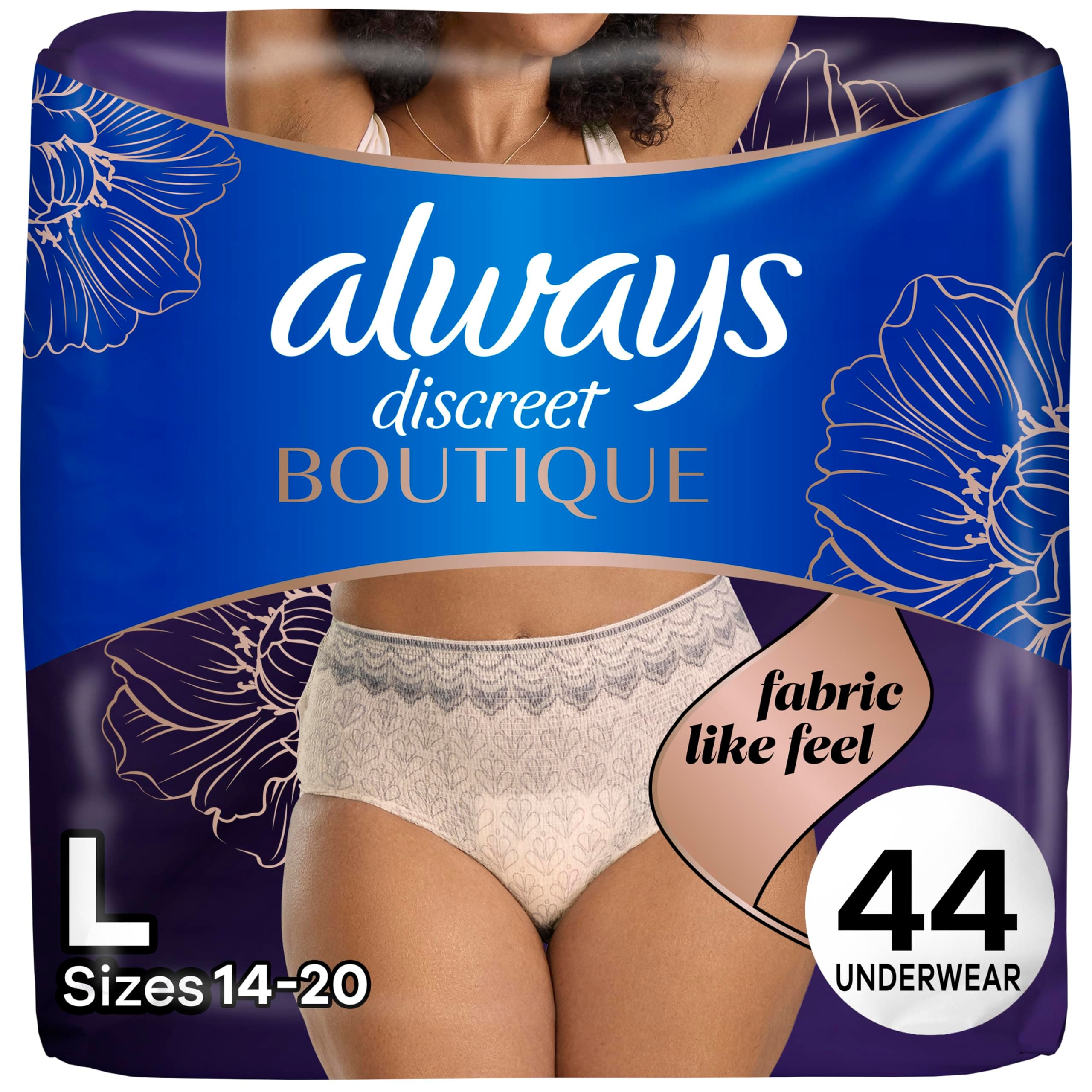Boutique Incontinence and Postpartum Underwear for Women, Maximum Protection, L, Rosy, 44 Count