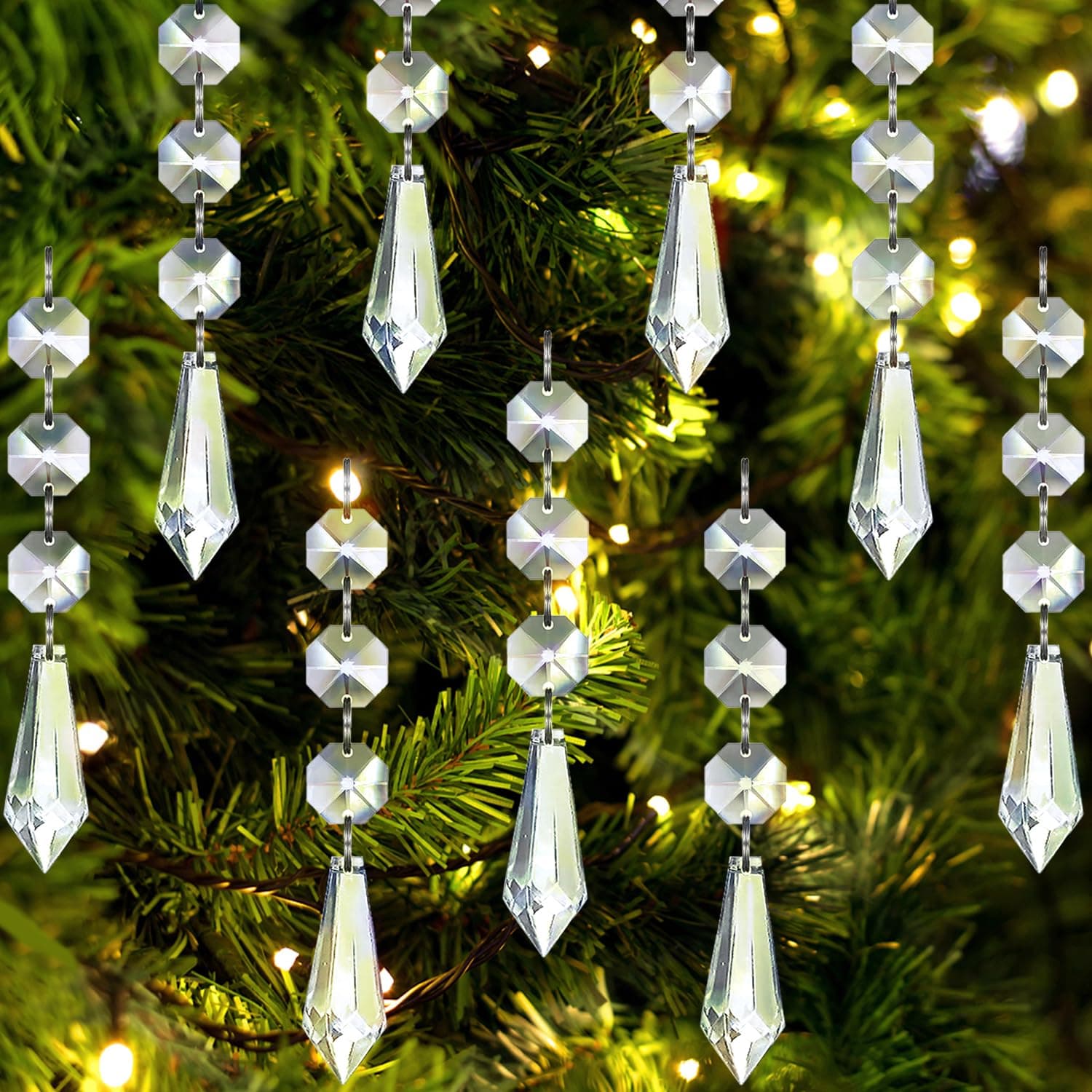 Jishi 30pk Crystal Ornaments for Christmas Tree Decorations, Acrylic Hanging Crystals for Centerpieces Home Decor, Clear Plastic Icicle Prism Drop Pendant w/Crystal Beads for Chandelier Party Supplies