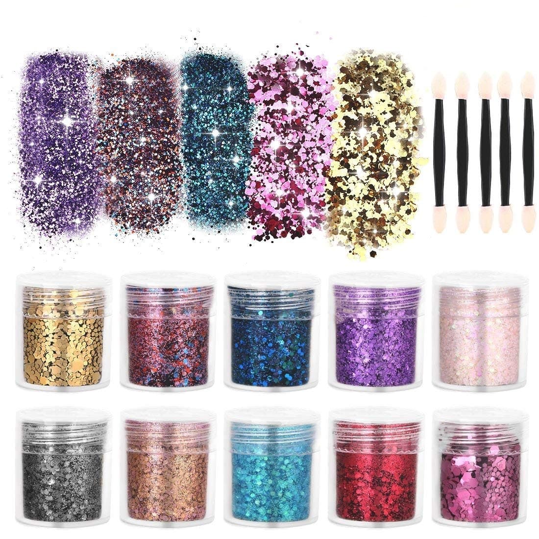 DazSpirit 10 Colors Holographic Glitter, Festival Glitter Powder, Face, Body and Nail Chunky Glitters Festival Accessories, Arts & Crafts Glitter