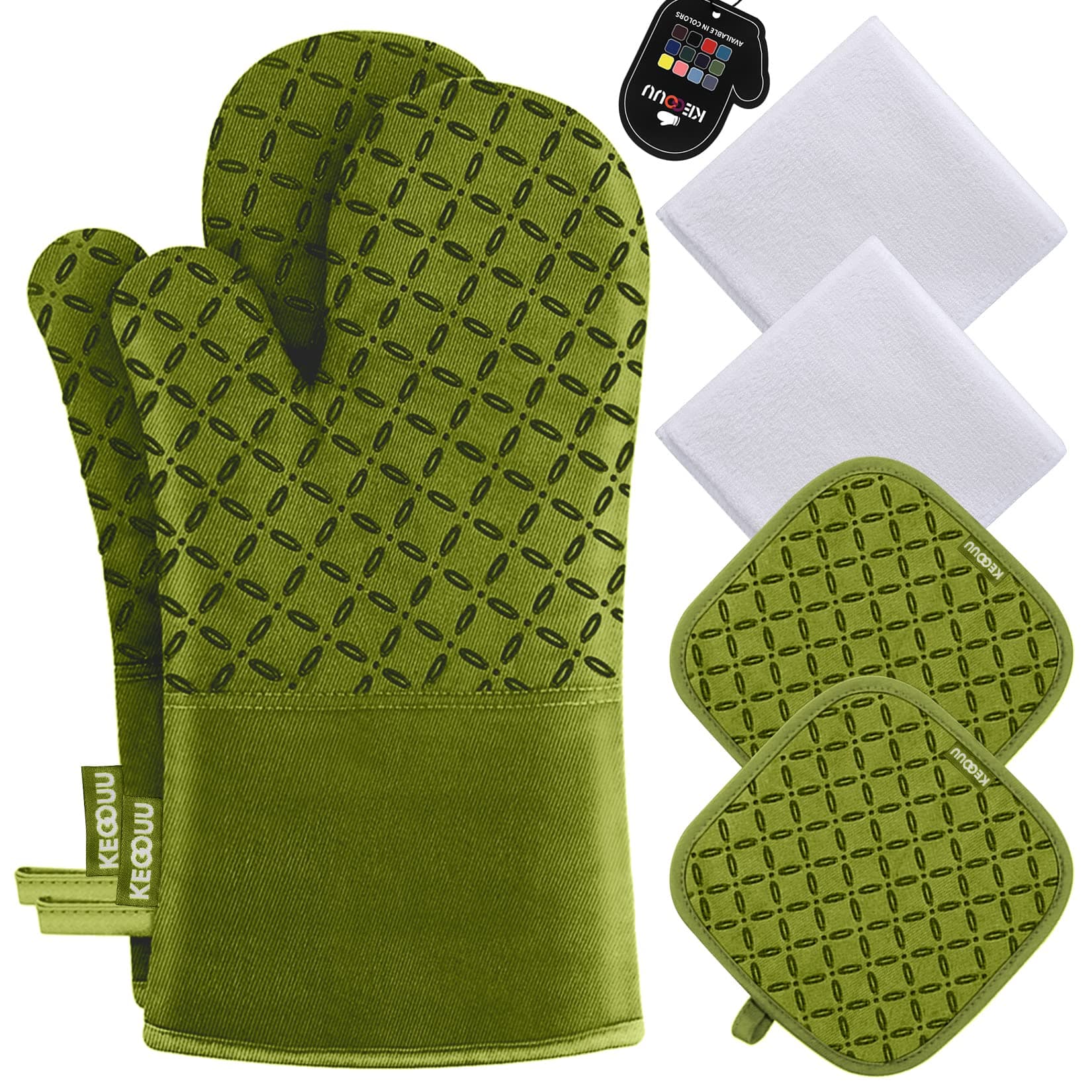 KEGOUU Oven Mitts and Potholders Set of 6 Kitchen Oven Gloves High Heat Resistant 500 Degree Extra Long Oven Mitts Potholders with Non-Slip Silicone Surface for Cooking (Olive Drab)