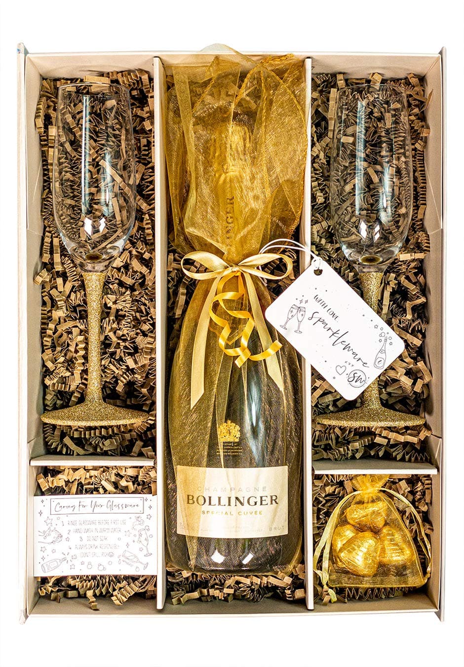 Bollinger Champagne Special Cuvee 75cl Gold Gift Set Hamper With 2 Matching Glass Champagne Flutes, Chocolates And Gift Box - Engagement, Birthday Gift for Champagne Lovers (Sparkling Stems)
