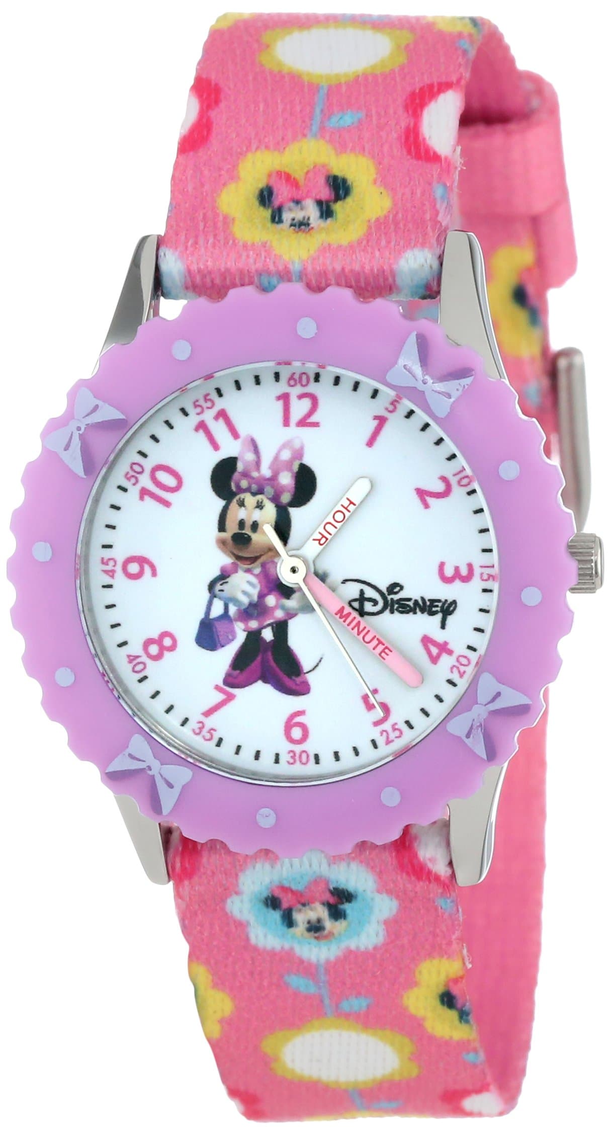 Disney By Ewatchfactory Kids Minnie Mouse Quartz Watch with White Dial Time Teacher Display and Pink Nylon Strap W000032