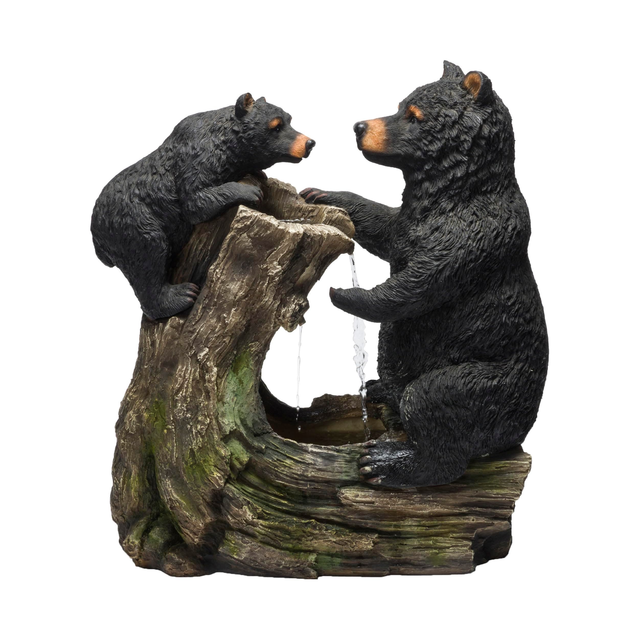 Alpine Corporation USA1132 Indoor/Outdoor Floor Bear and Cub on Log Fountain, Playful Bear and Cub Garden Fountain 26", Black