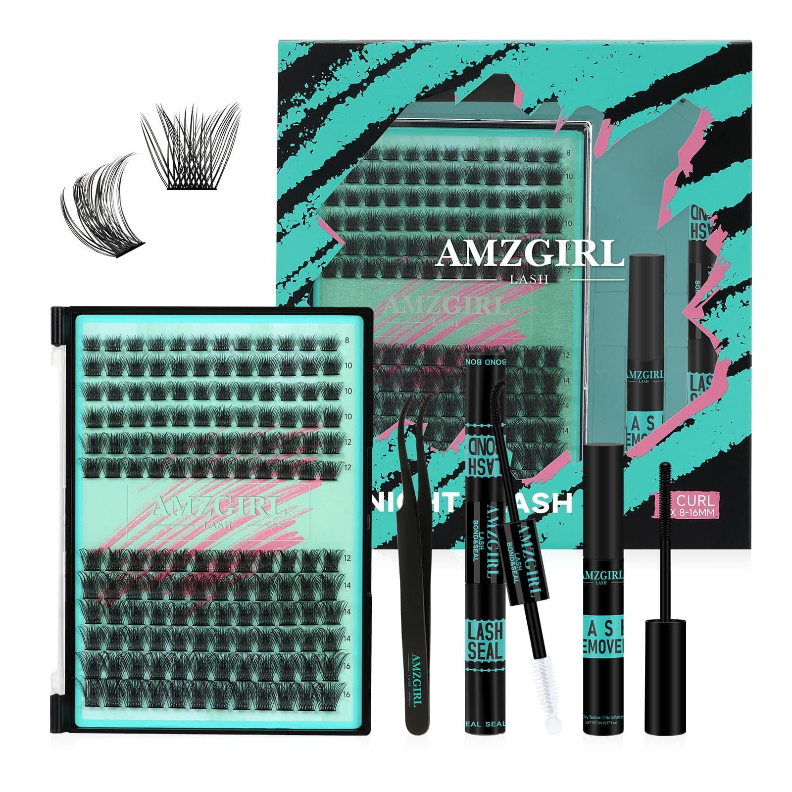 AMZGIRL LASH Midnight DIY Lash Extension Kit, 144 pcs Eyelash Clusters Kit Lash Bond and Seal, Lash Glue Remover and Applicator for Individual False Eyelashes Kit Lash Extensions(D-Mix 8-16mm Kit)