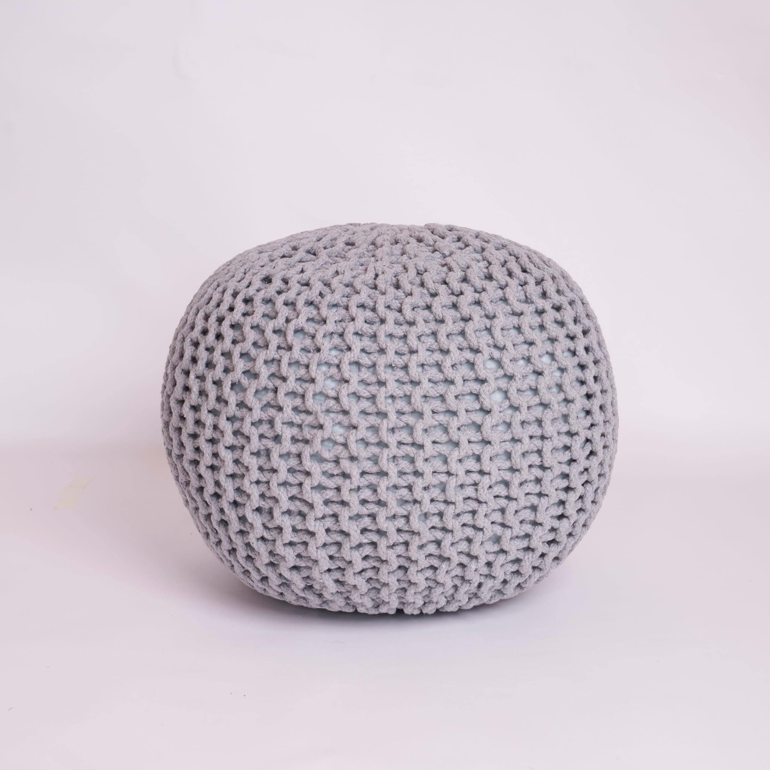 Knitted Round Pouffe Foot Stool Ottoman – Large 100% Cotton Chunky Hand-Knit Pouf with Polystyrene Beads Filling – Soft & Comfortable Footrest and Occasional Seating, 50cm (Silver)