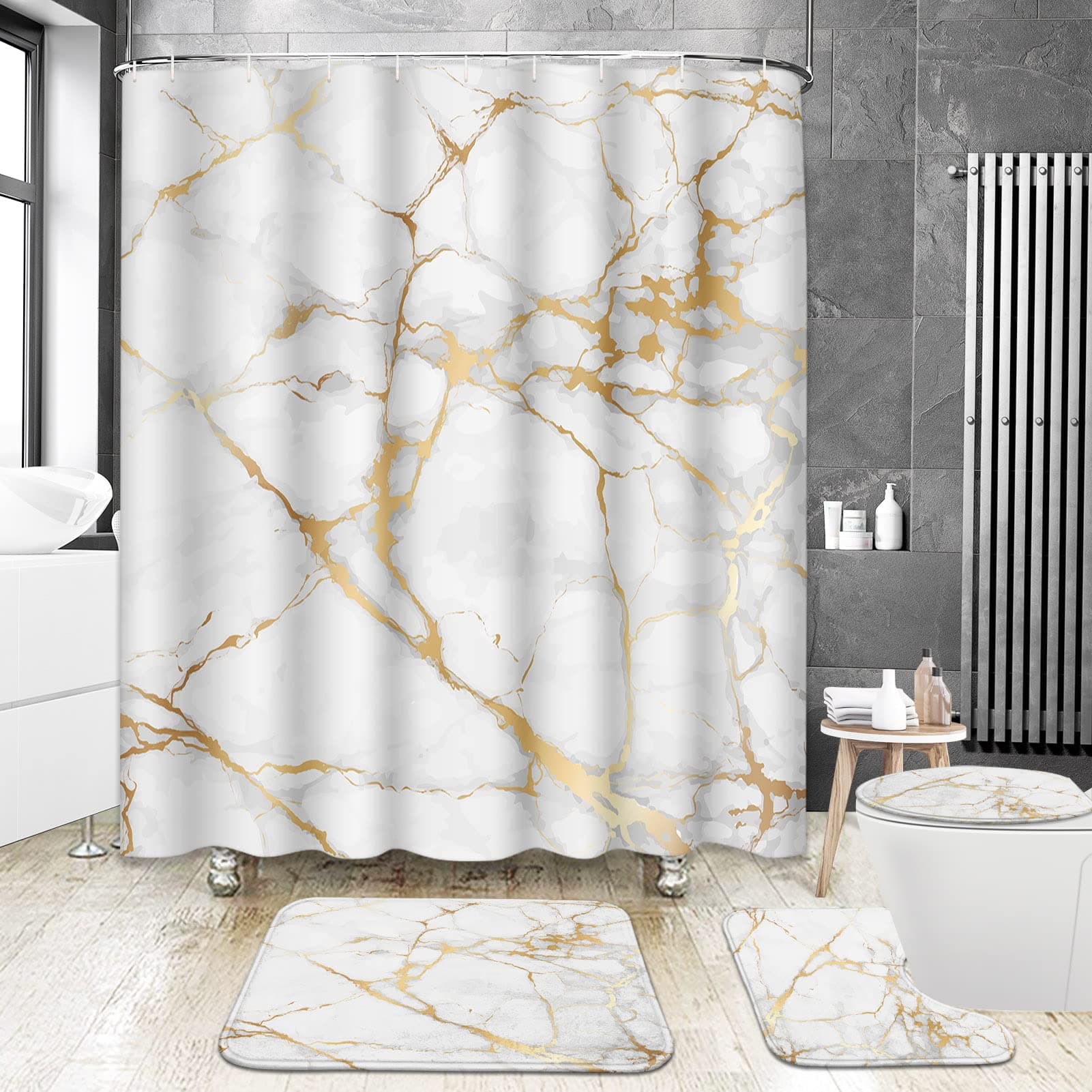 ArtSocket Marble Gold White Bathroom Set with Shower Curtain and Rug Accessory, Geometric Rose Stone Modern Vintage White Golden Shower Curtain Set, Abstract Shower Curtain for Bathroom Decor 4 Pcs