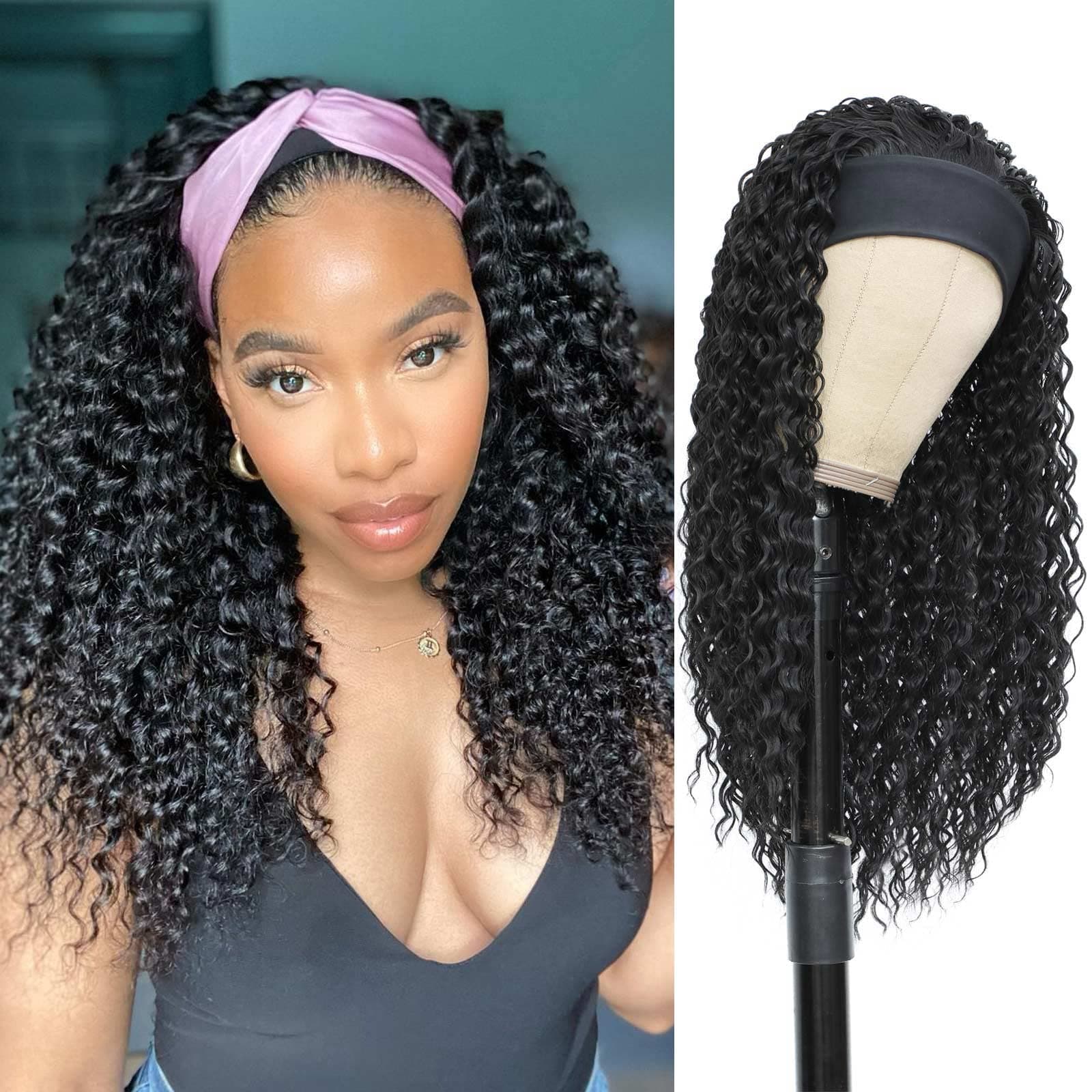 Aksice Headband Wigs for Black Women Synthetic, Curly Headband Wig 18 Inch, Wet and Wavy Wigs with Headbands Attached Glueless Half Head Band Wig 150% Density Heat Friendly (18 Inch)