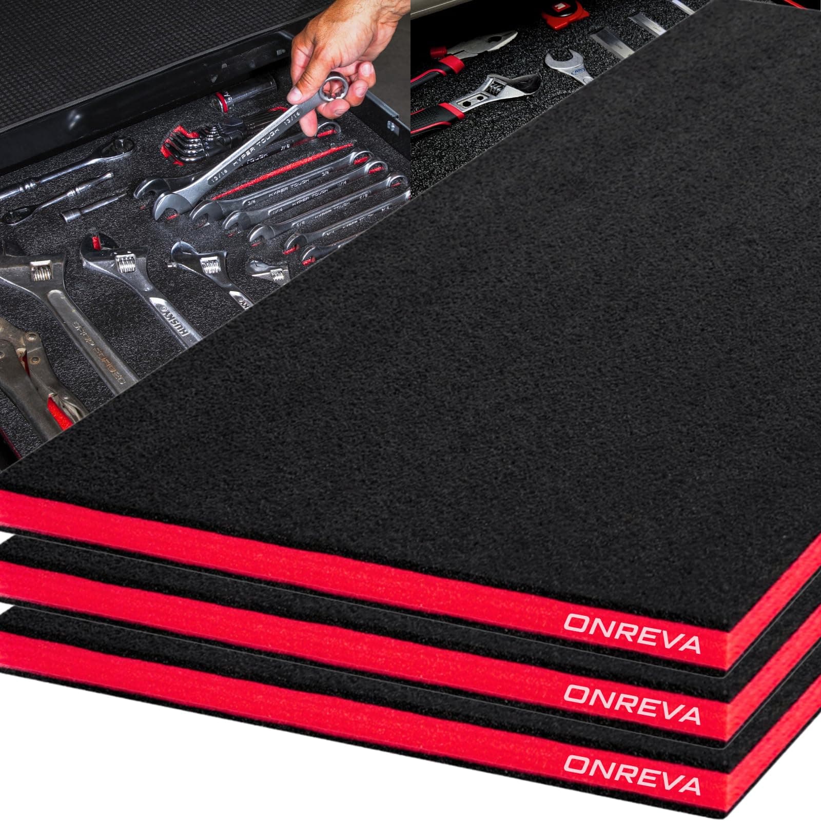 ONREVA American Red with Black 48" x 24" x 1" 3-Pack Polyethylene Tool Box Foam Inserts for Cases, Drawer Liner Foam, Toolbox Kaizen Organizer and Storage Tool Shadow