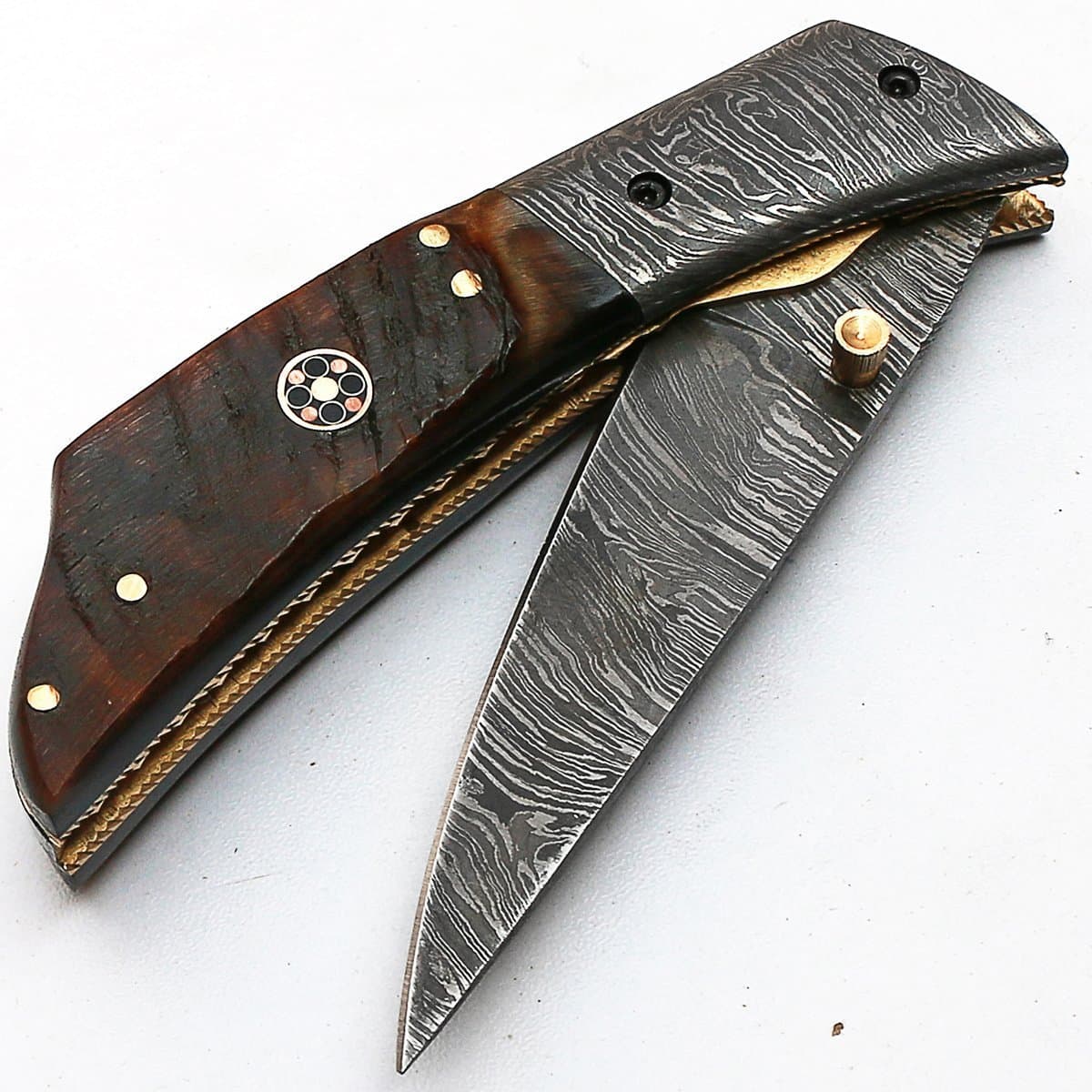 Mmgn-8837 - Damascus Folding Knife - Handmade Damascus Steel - Damascus Pocket Knife - Ram Horn Handle, Black, Brown and Gray,