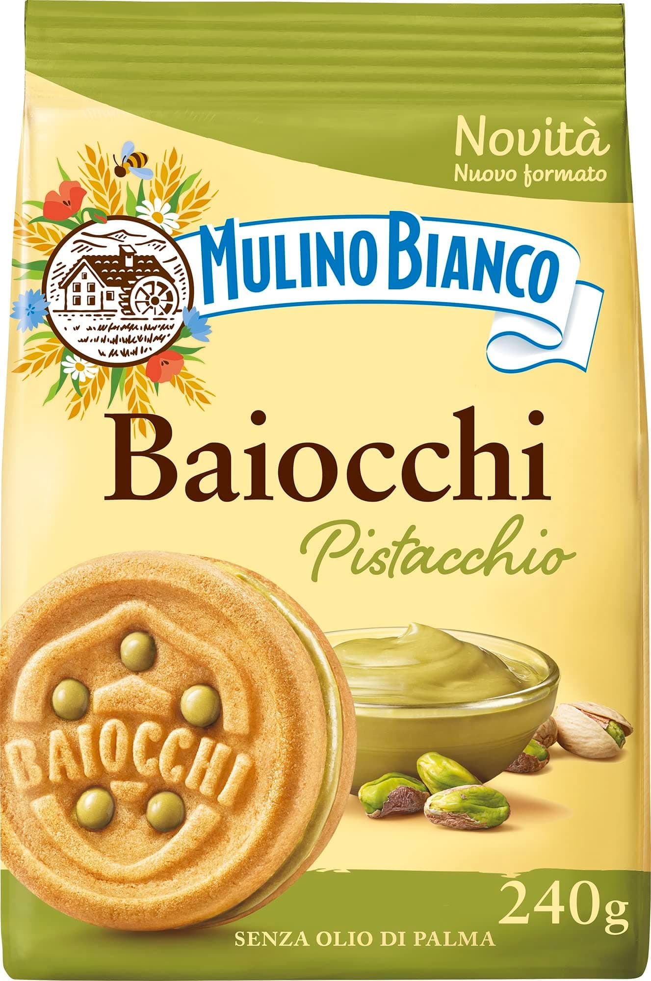 Biscotti Baiocchi al Pistacchio, Biscotti con Pistacchio e Pastafrolla Ideali per Colazione o Merenda, Senza Olio di Palma, 1 Sacchetto da 240g