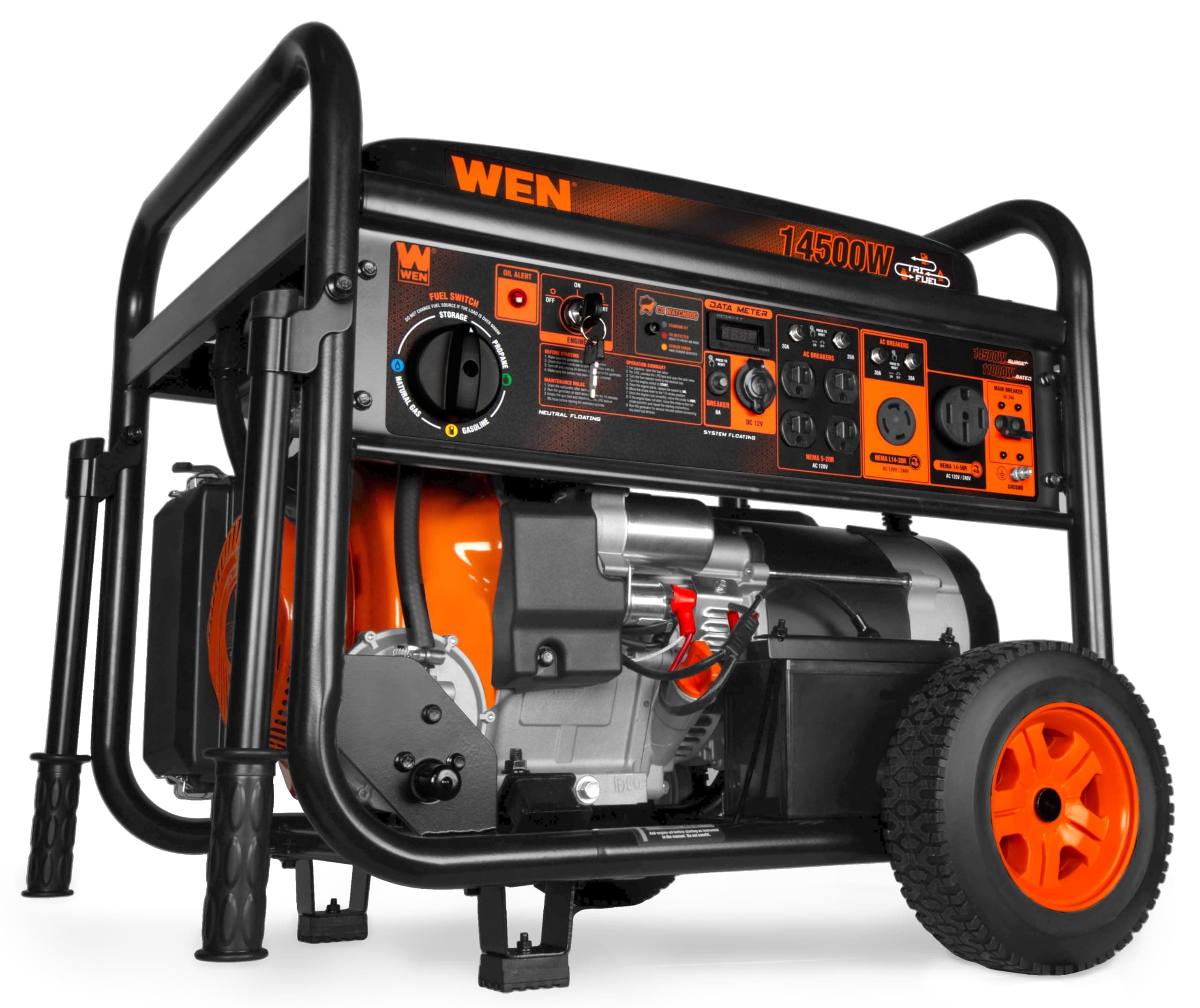 WEN 14,500-Watt 120V/240V Tri-Fuel Generator for Gas, Propane, and Natural Gas, Transfer-Switch Ready with Electric Start, Wheel Kit, and CO Watchdog (TF1450X)