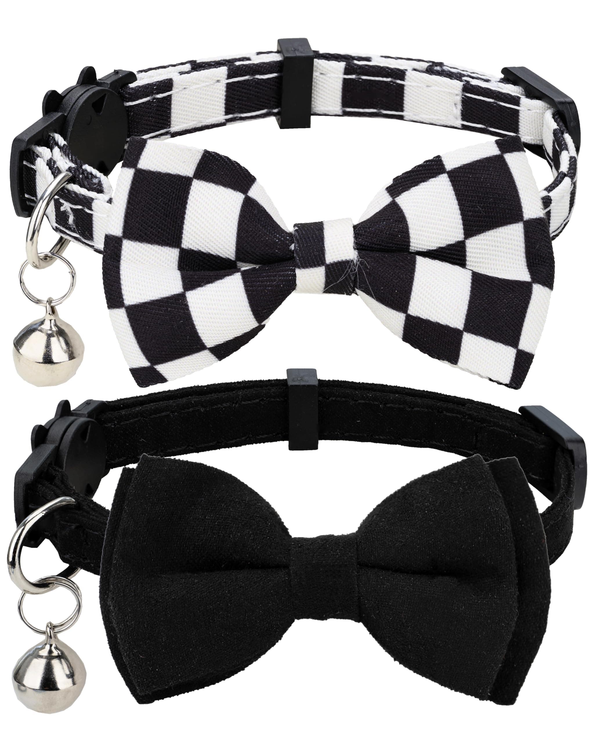 Collar for Cat Pet Breakaway with Bell Bowtie Detachable Bow Adjustable Safety Kitten Puppy Girl Boy 2pcs Plaid & Solid-Black