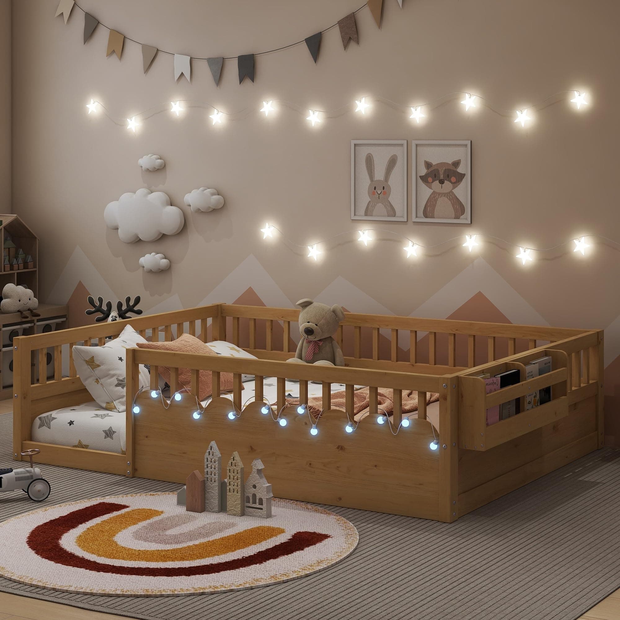 Floor Bed for Kids, Full Size Montessori Beds with High Fence Railings, Wood Playhouse Bed with Rails for Baby Boys Girls Teens, No Slats Included, Natural