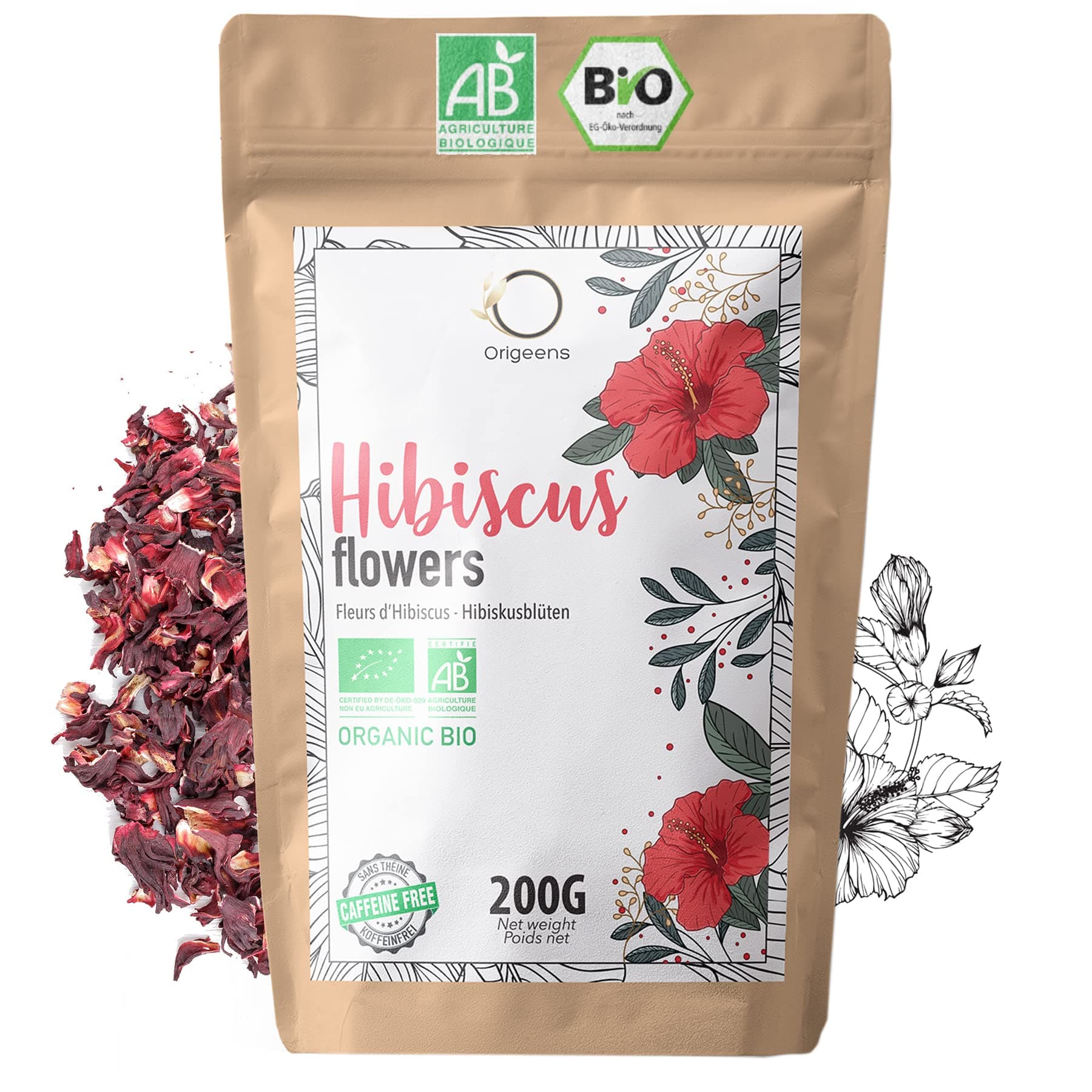 ORIGEENS HIBISCUS TEA Organic 200g Premium Grade | Hibiscus Flower for Infusions, Iced Tea, Karkade | Dried Hibiscus Flowers, Draining Detox Tea