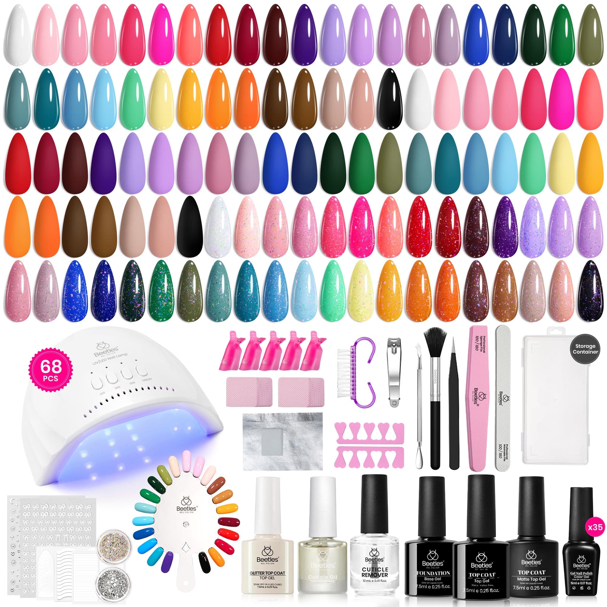 Beetles Gel Nail Polish Kit with U V Light, 68 Pcs Gel Nail Kit 35 Colors Emotional Spectrum with Base Matte&Glossy Top Coat Soak Off Nails Supplies Manicure Set Home Salon Gifts for Women