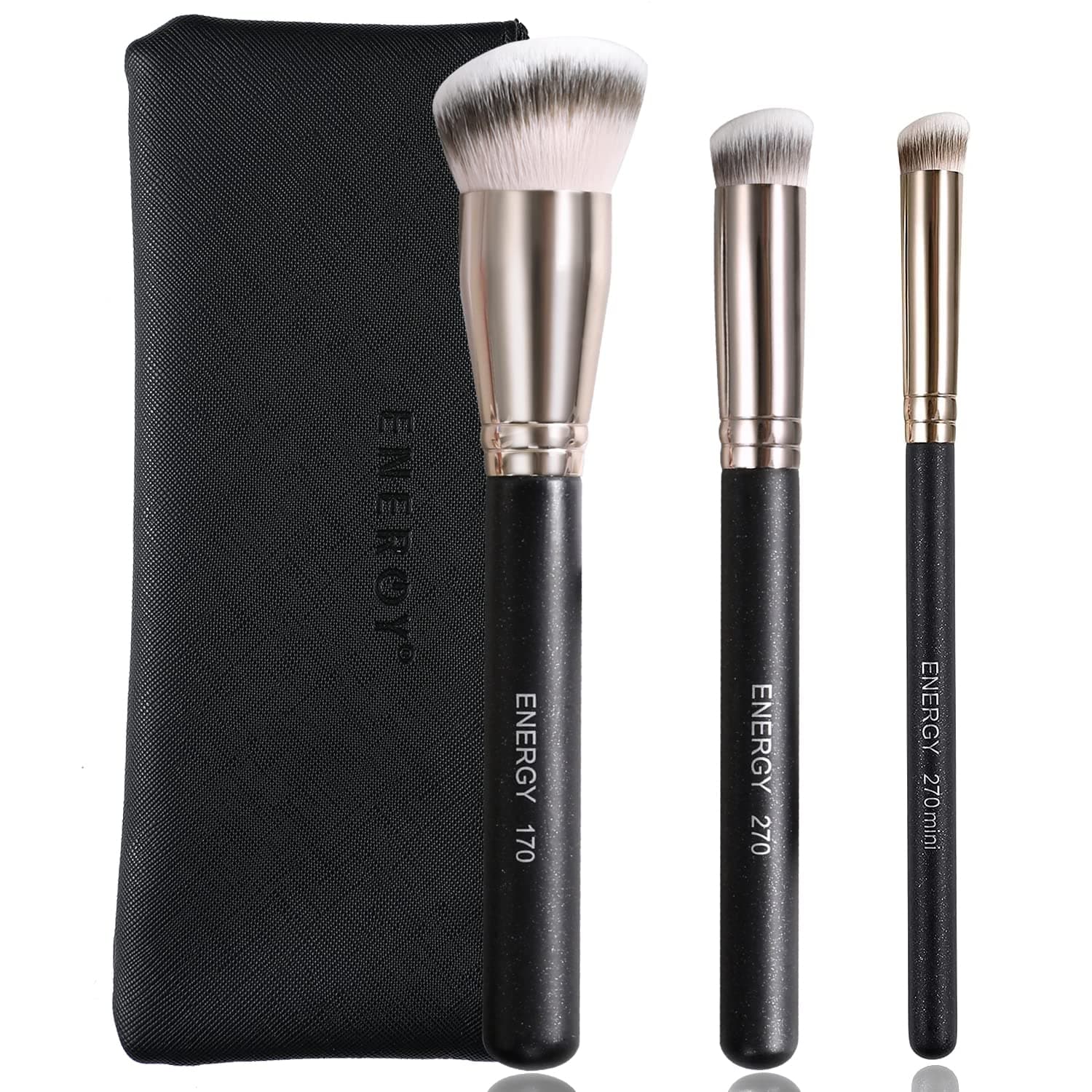 ENERGY Makeup Brush Set Professional 3pcs Foundation Concealer Detail Brushes Soft Synthetic Bristles Vegan Face Makeup Brushes for Liquid Cream Powder Flawless Blending Buffing with Travel Case